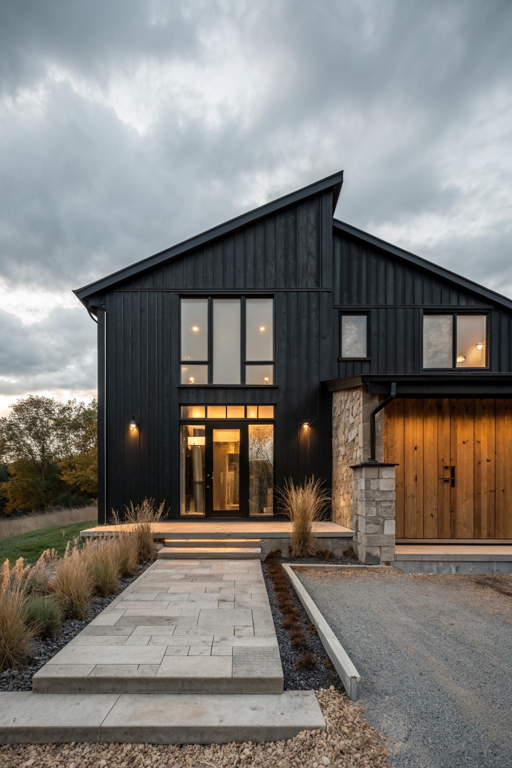 A black barndominium exterior with vertical siding, stone accents beside the wooden garage door, and a stone walkway leading to the front steps.