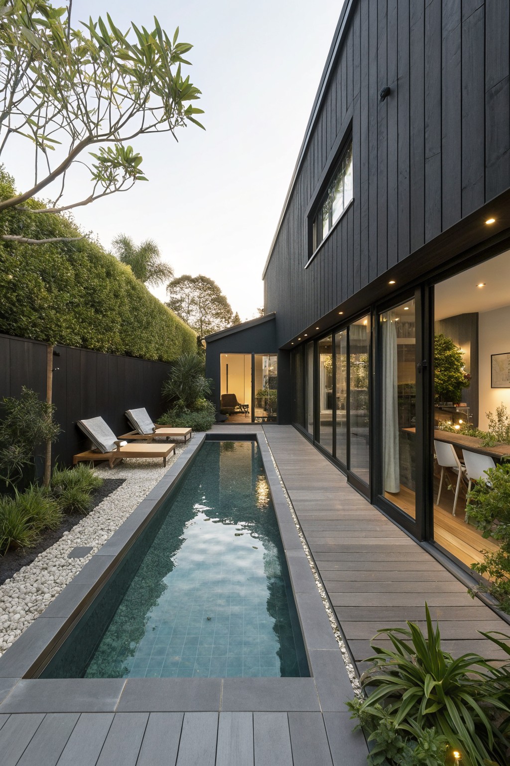 A long narrow pool sits next to a wooden deck along the side of a black modern house with large glass doors and two lounge chairs on gravel.