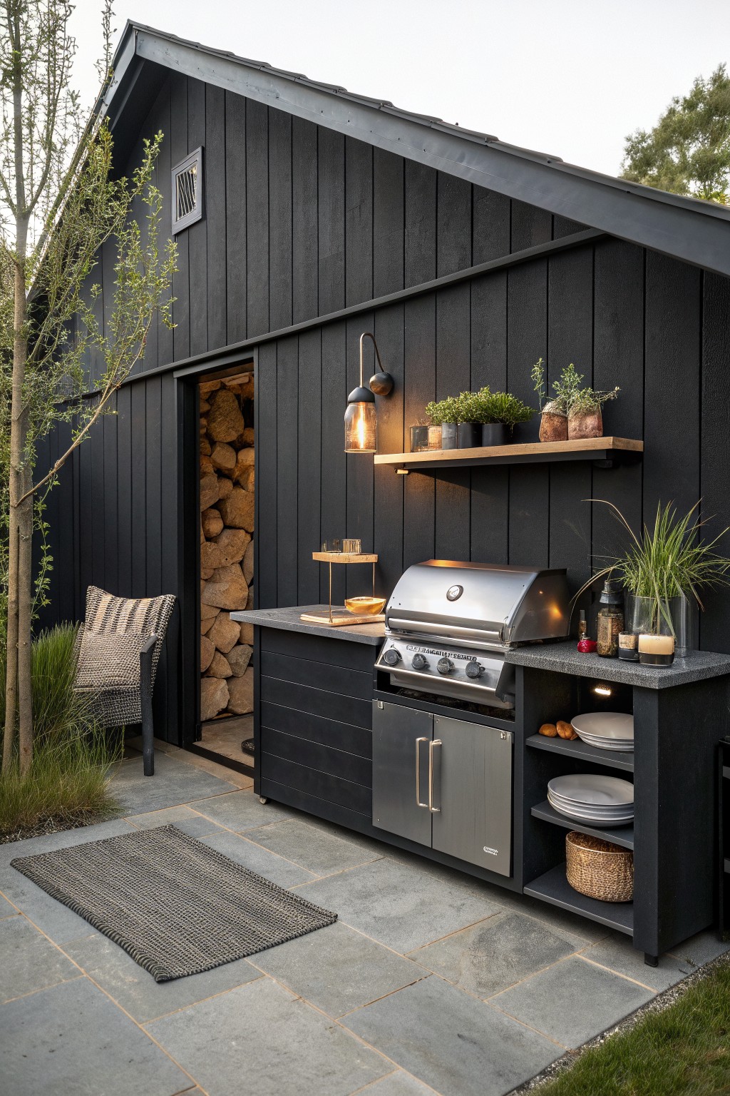 A black barndominium exterior with an attached outdoor kitchen including a stainless steel grill, dark cabinets, open shelving, and a stone patio.