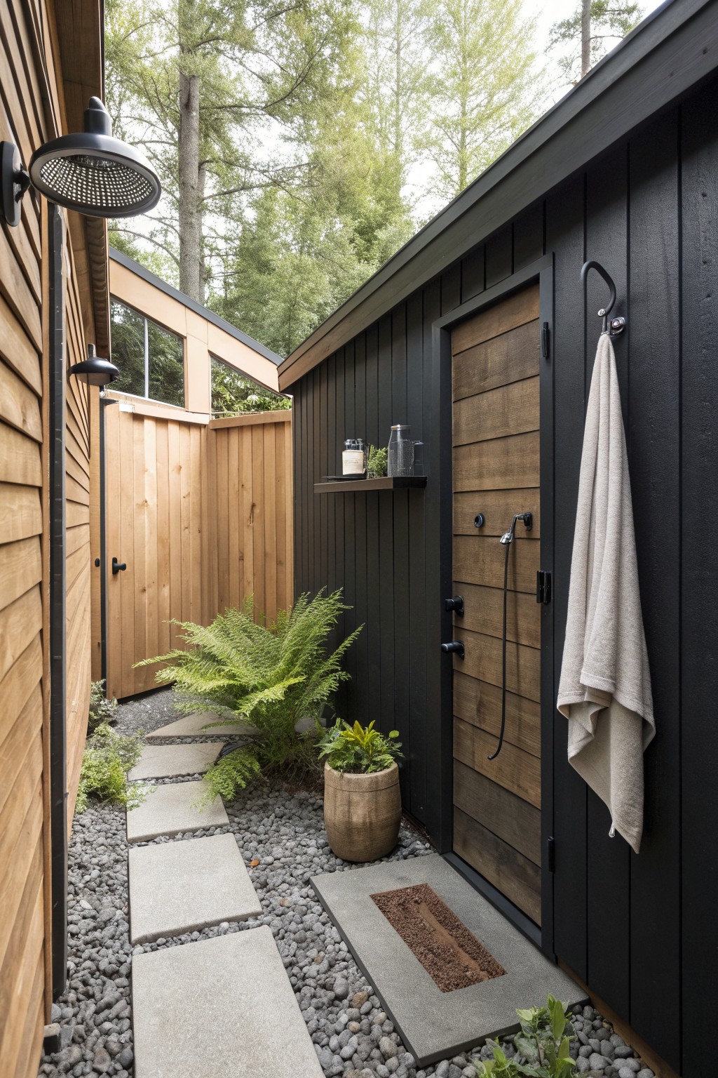 Modern outdoor shower with black walls, wooden door, hanging towel, and stone path.