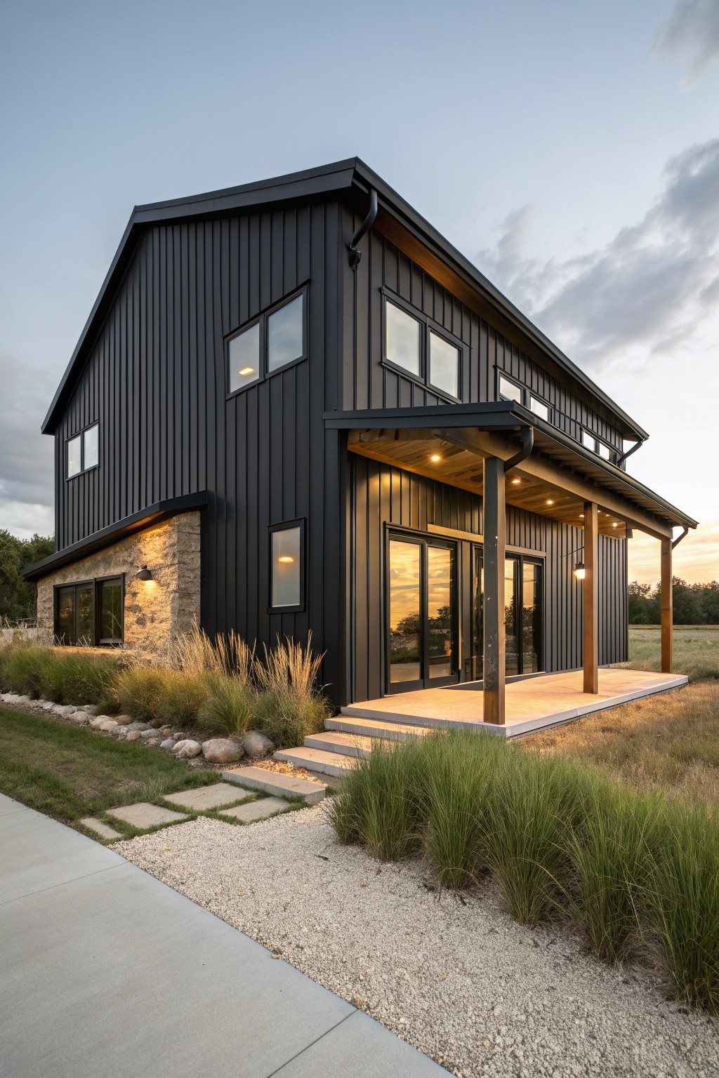 A two-story black barndominium with vertical metal siding, a stone foundation on one side, a covered porch with wooden posts, and a gravel path leading to the entrance.
