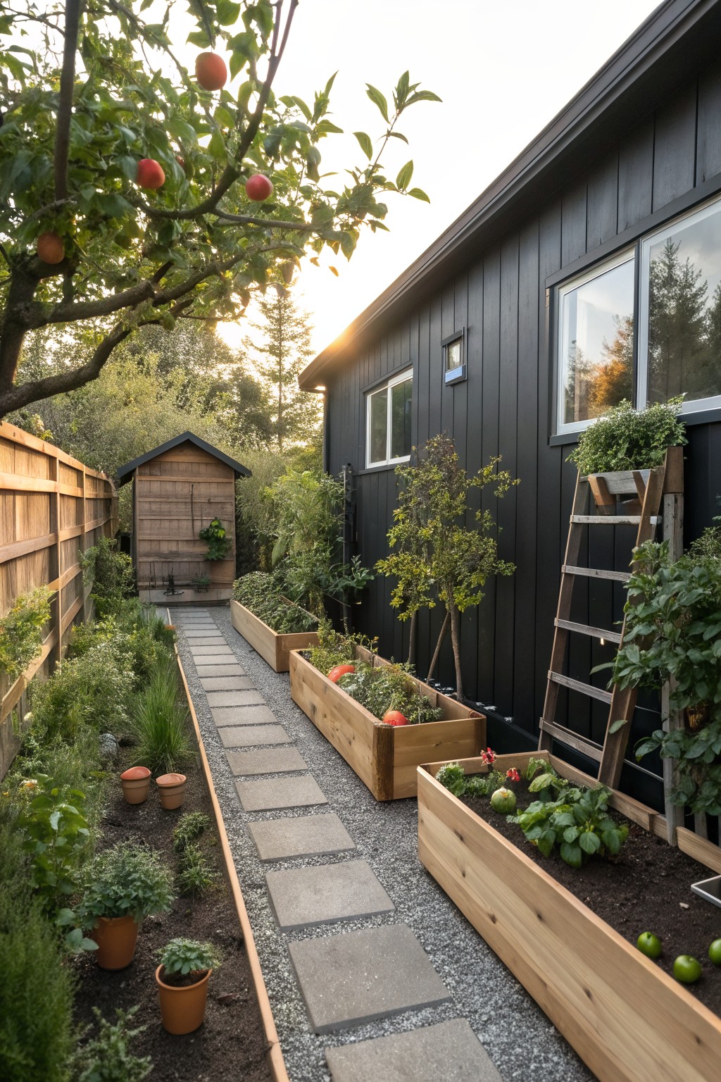 Garden path with stepping stones between wooden raised beds by black house and ladder