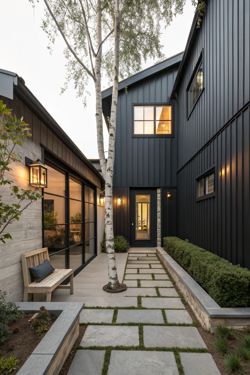 A black barndominium with a stone paver path leading to the front door, a birch tree growing through the center of the courtyard, and a wooden bench against the left wall.
