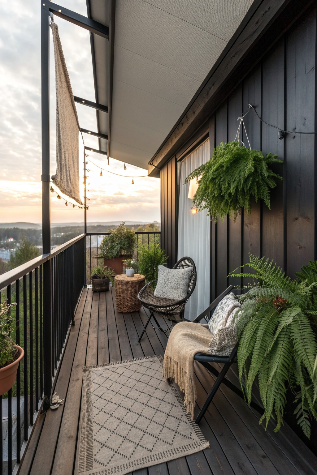 Cozy dark wood balcony with woven chairs, patterned rug, hanging ferns, and sunset view