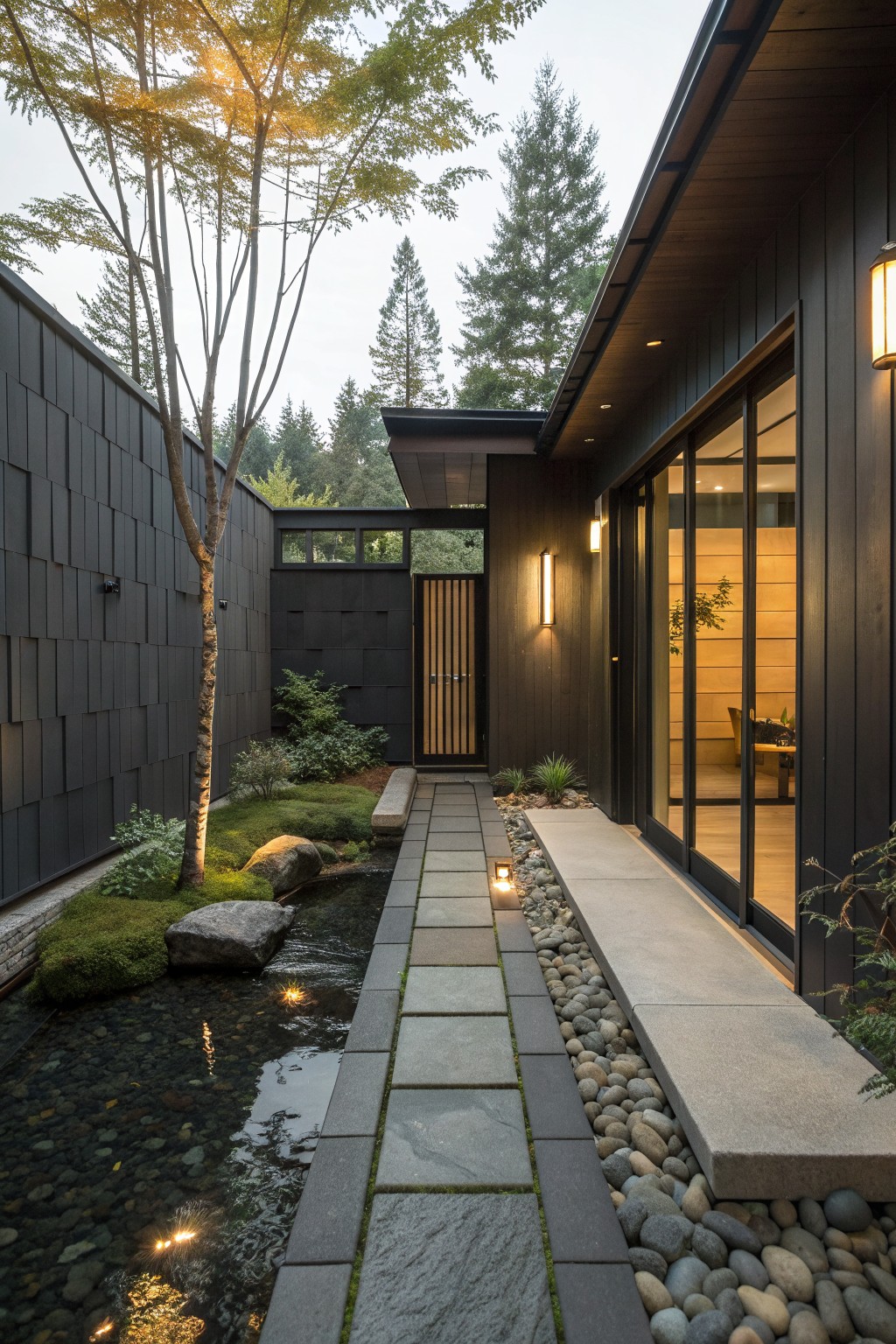 Modern dark wood home with glass doors beside illuminated stone path and pond