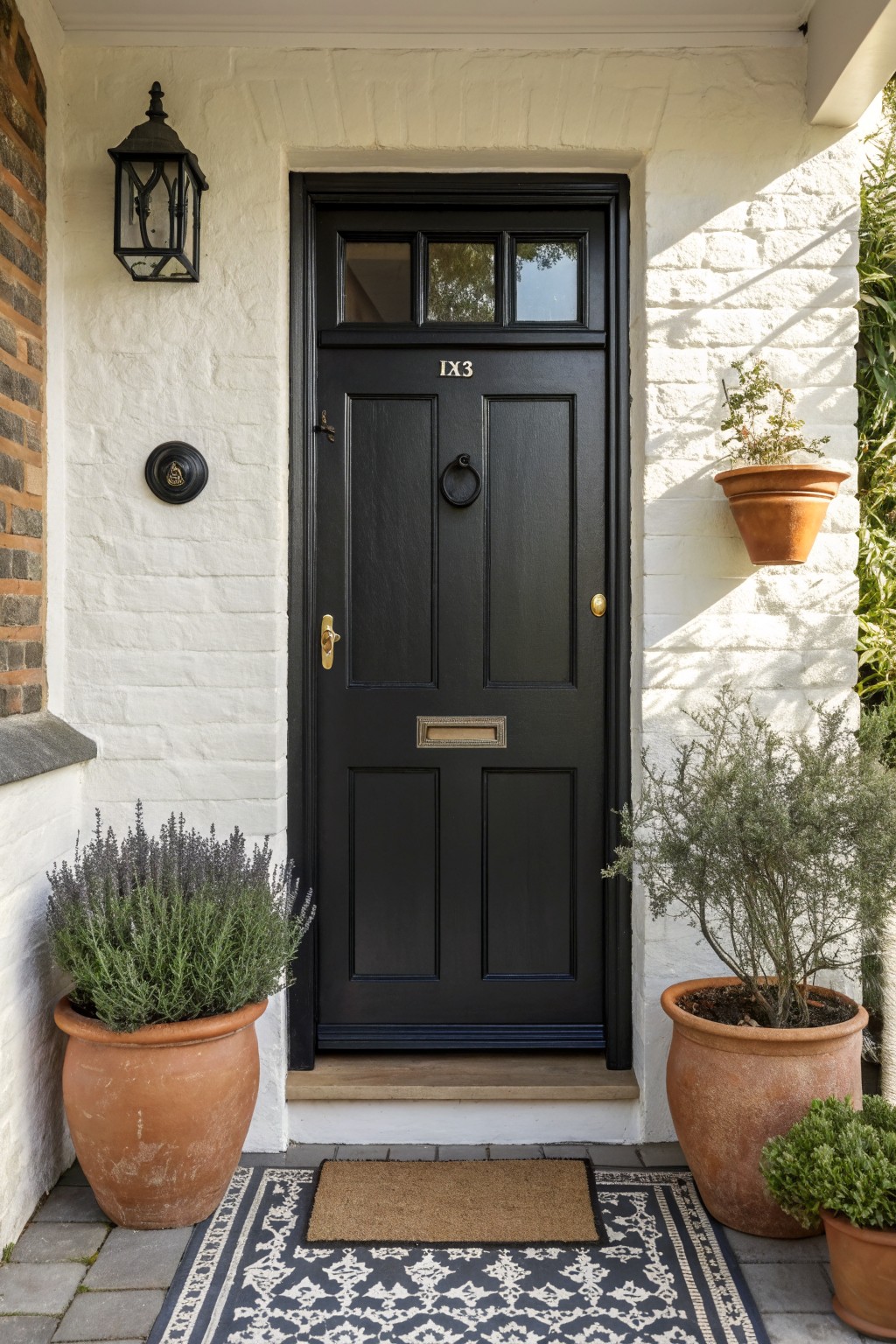 Black door with brass hardware on white brick wall flanked by potted plants and patterned rug.
