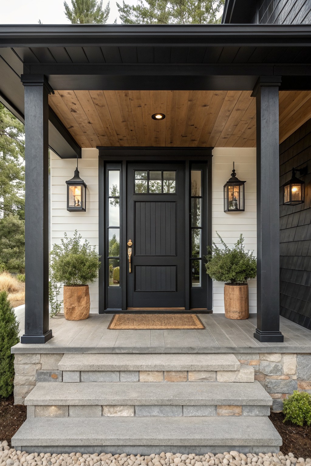 A house front porch with a black door and sidelights, black columns, white siding, wood ceiling, and two potted shrubs on the steps.