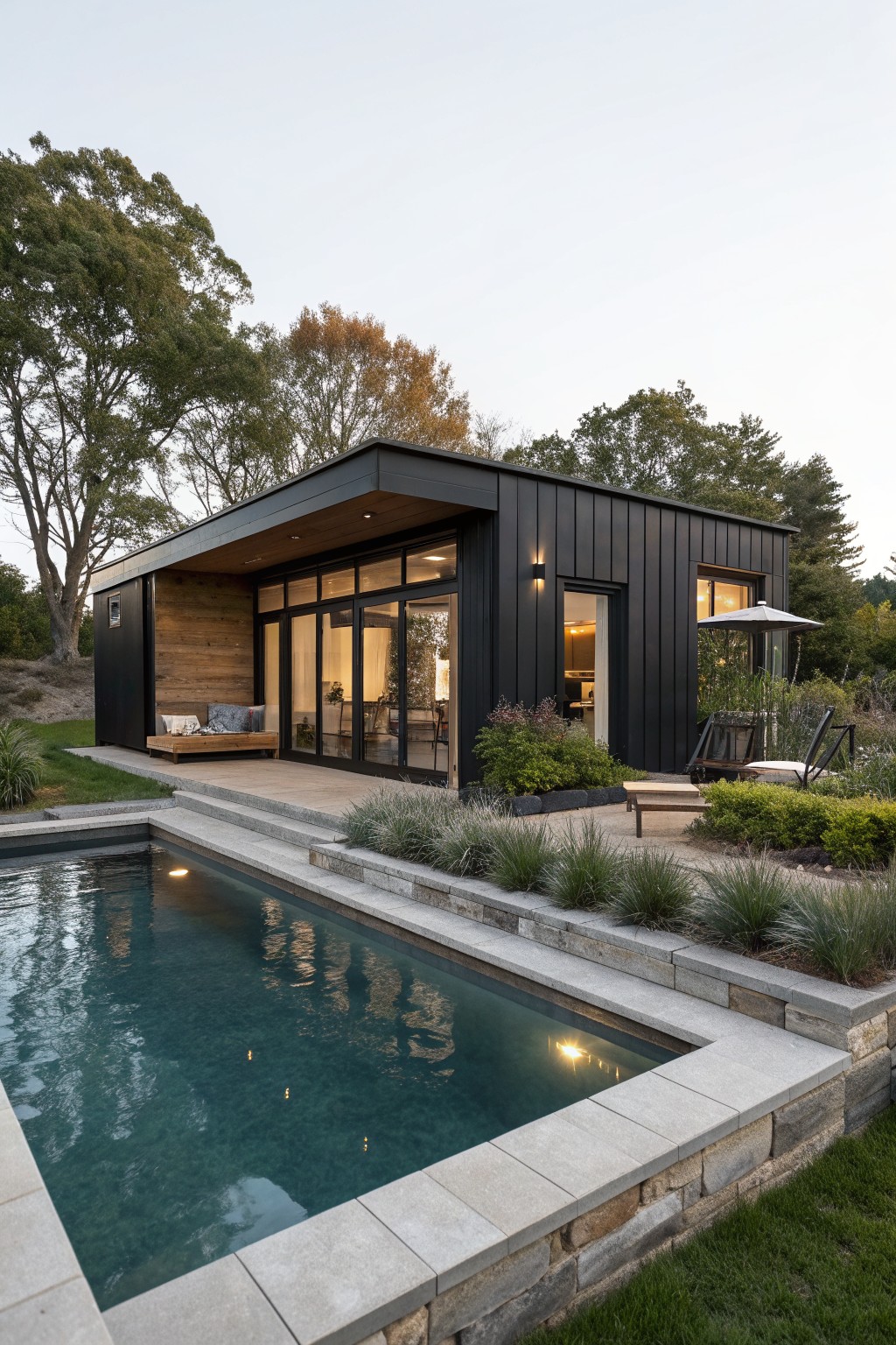 A modern single-story house with black vertical siding, large glass doors, and a long rectangular pool in the foreground with surrounding patio and landscaping.