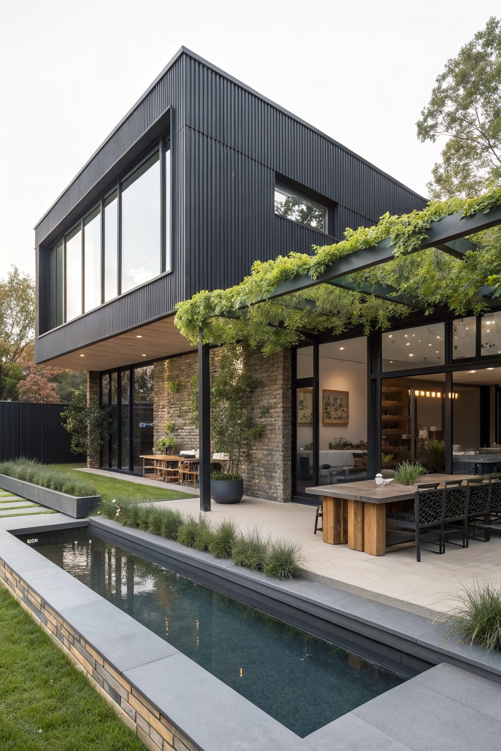 A modern two-story house clad in black ribbed metal siding with large windows, a stone wall section, a covered patio with dining table, and a long rectangular pool in the foreground.