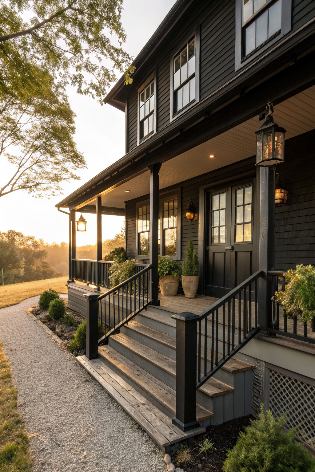 A two-story house with black siding, a covered front porch, wooden steps with black railings, and double front doors at sunset.