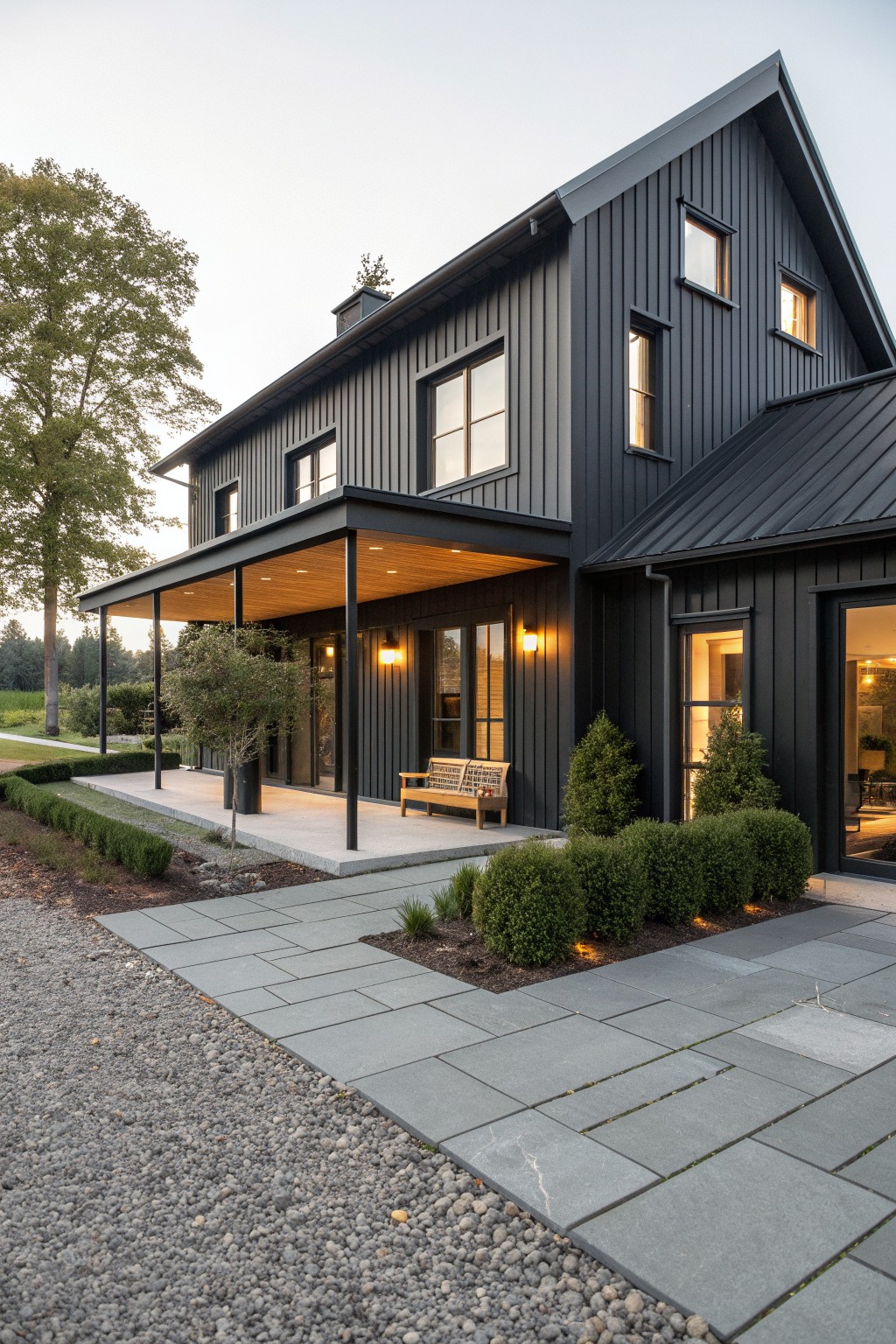 A two-story house with black vertical siding, a covered porch with wood ceiling, lit windows, and a stone pathway with shrubs in front.