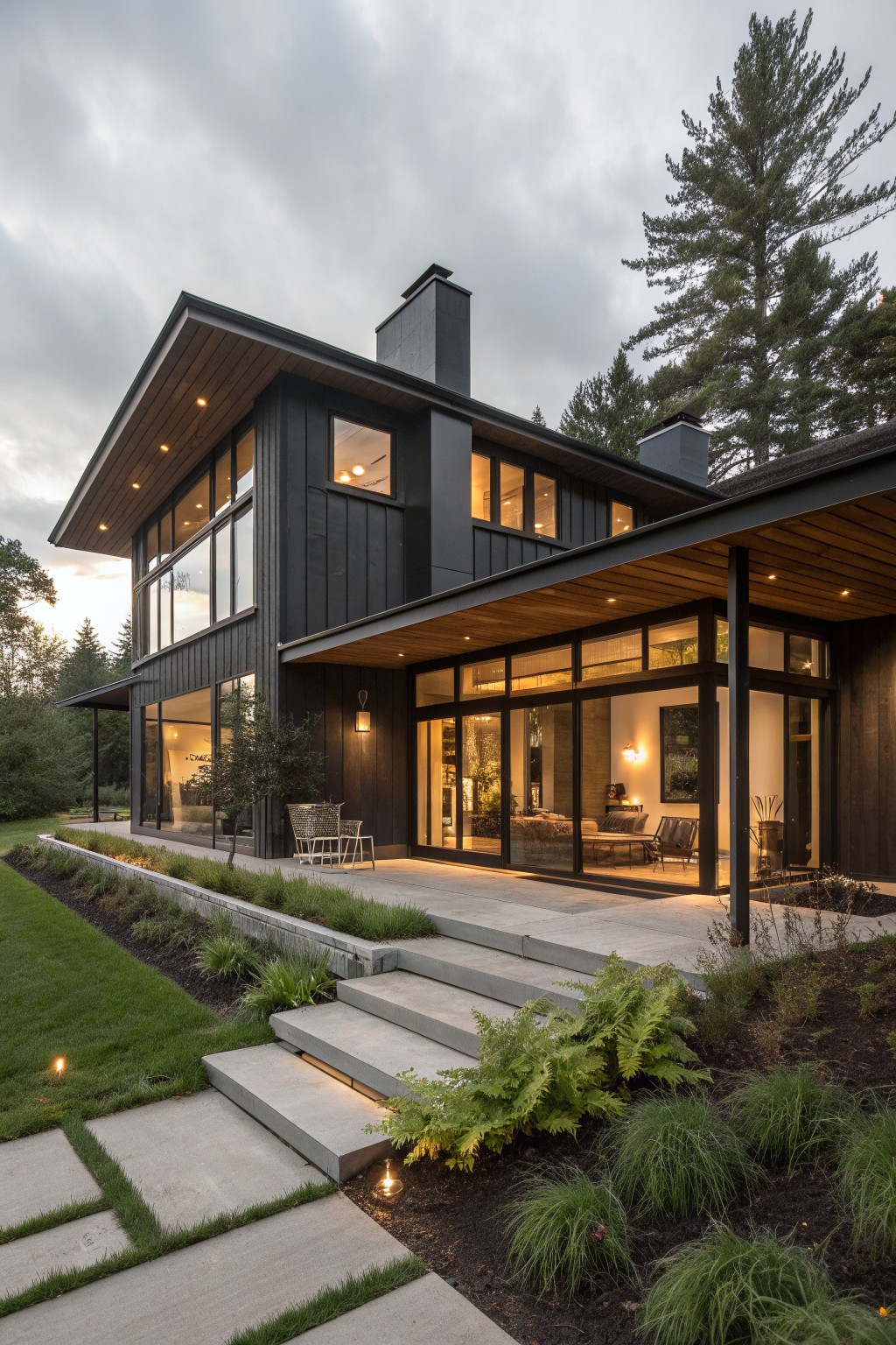 Modern dark house with large glowing windows, patio, and landscaped concrete steps at dusk.