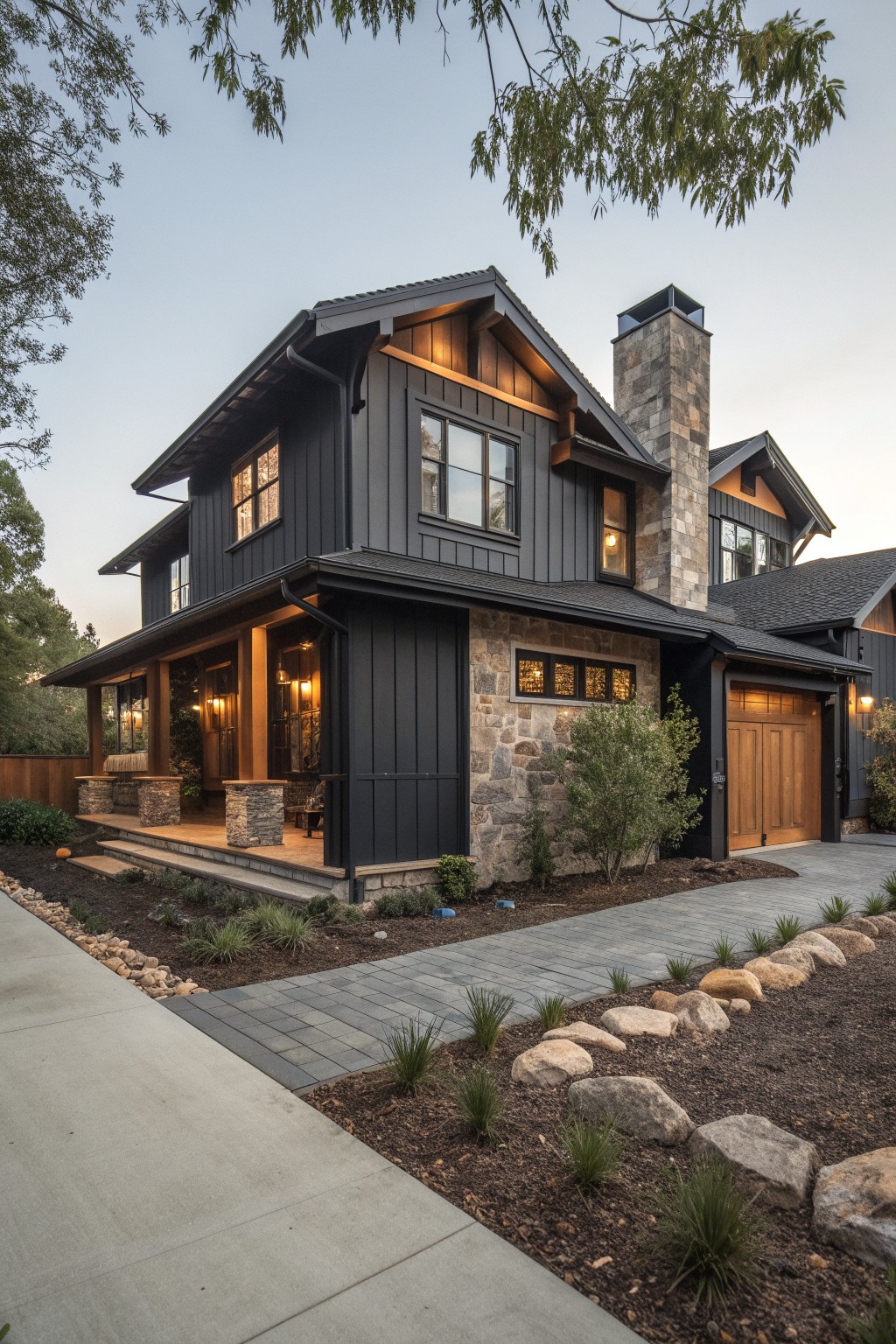 A two-story house with black vertical siding, a tall stone chimney, and a wooden garage door set in a landscaped yard with a paved driveway.