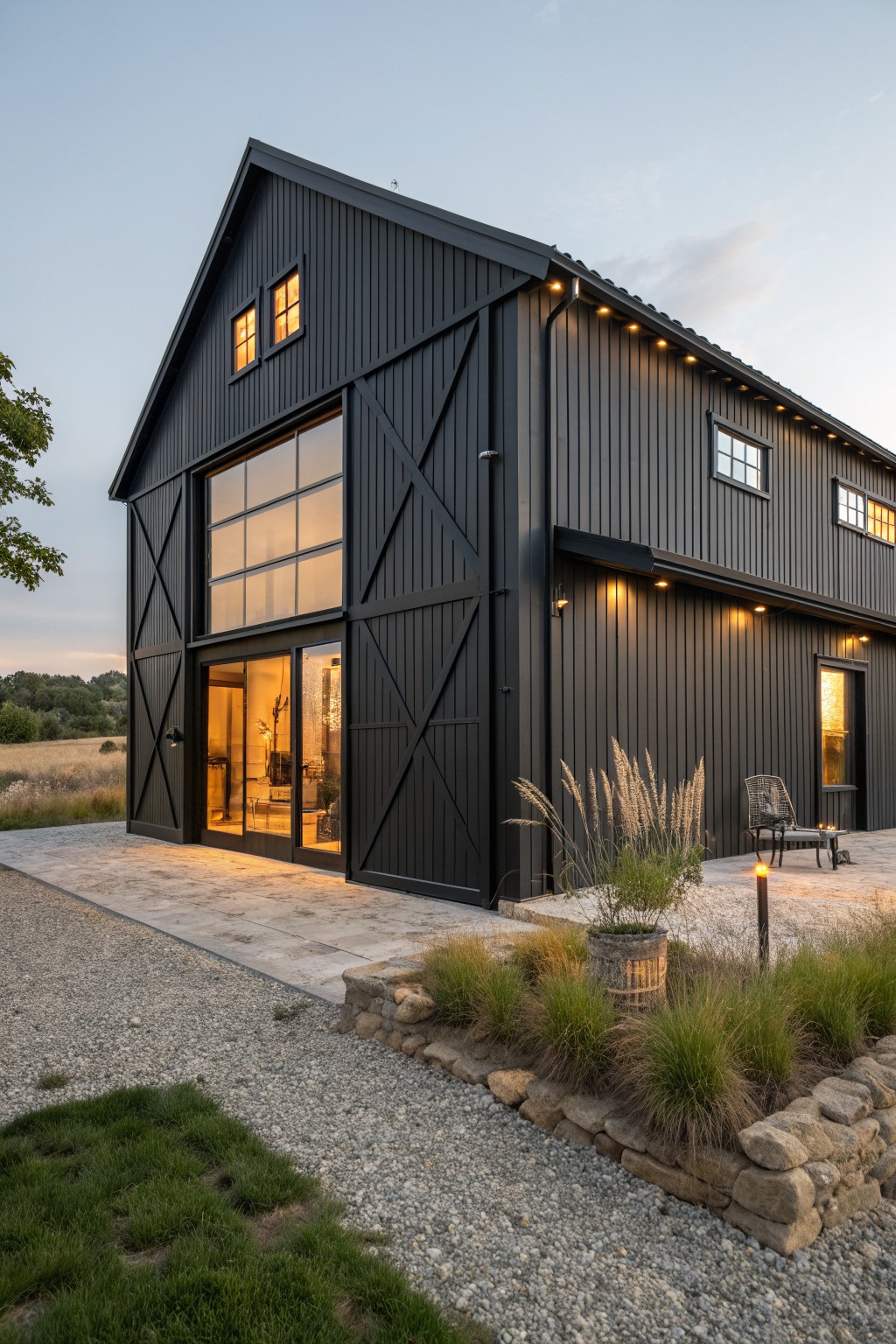 A two-story black barn-style house with large windows, barn doors, and exterior string lights, viewed from a gravel driveway with stone landscaping.