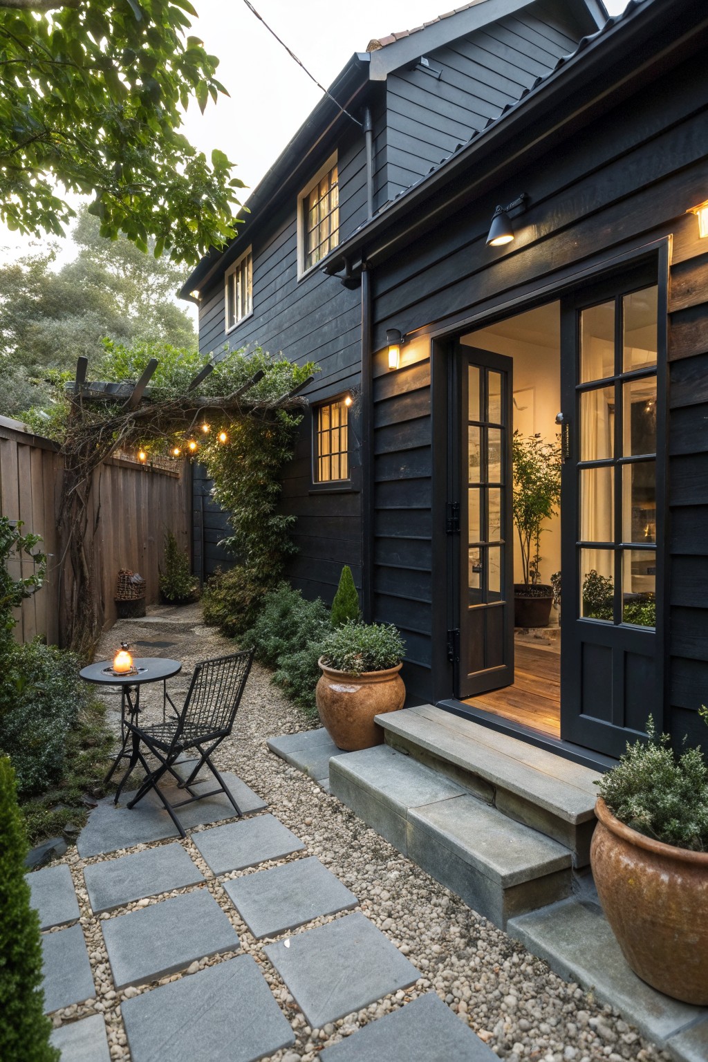 Black wooden house with open door, stone steps, potted plants, and gravel path