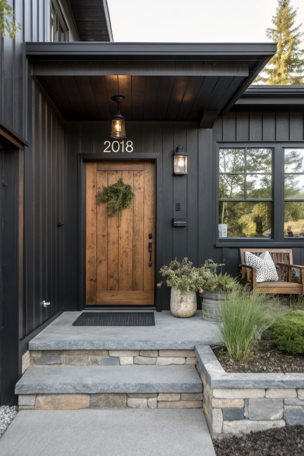 A front entrance of a house with black vertical siding, a wooden door with a small wreath, a hanging lantern, concrete porch, and stone steps.