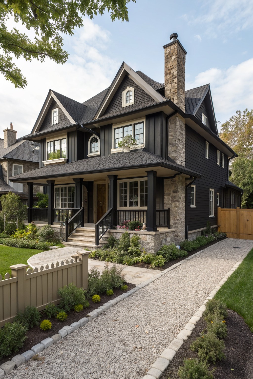 A two-story house with black siding, stone chimney and accents, gabled roof, and a front porch with black columns.