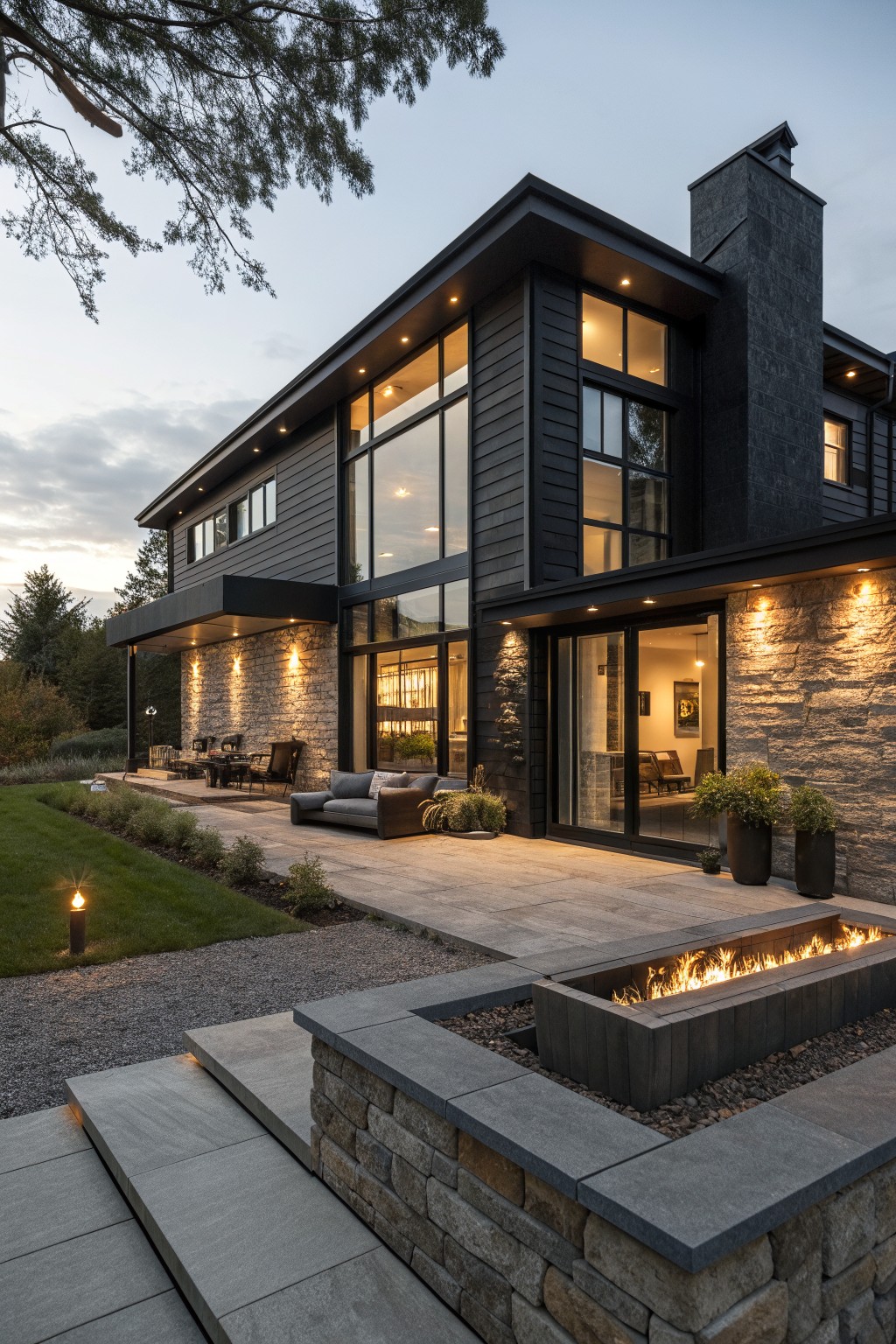 Modern dark house with large windows, stone walls, patio and glowing fire pit.