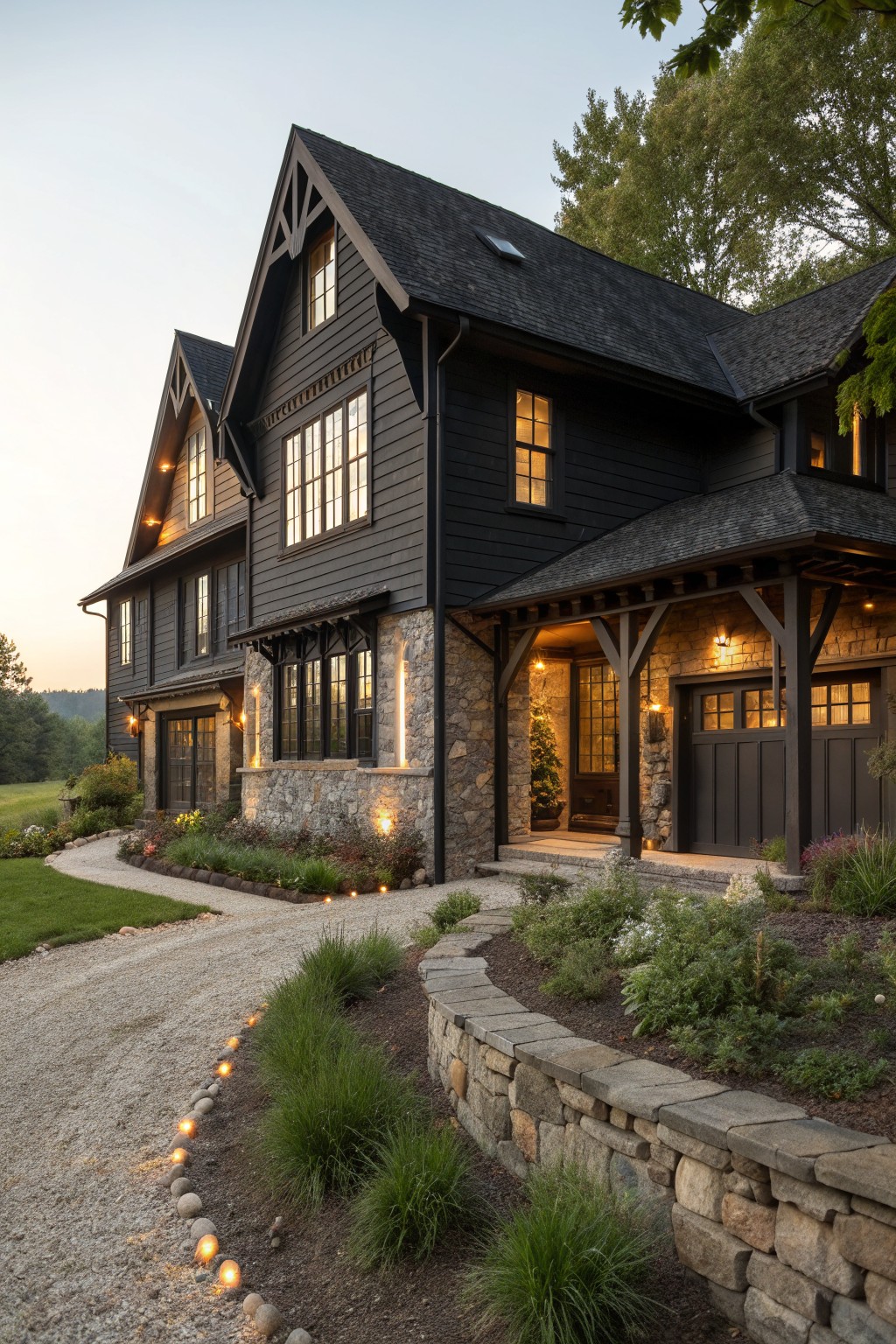 Large dark wooden house with stone accents, lit windows, gravel drive and garden at dusk.