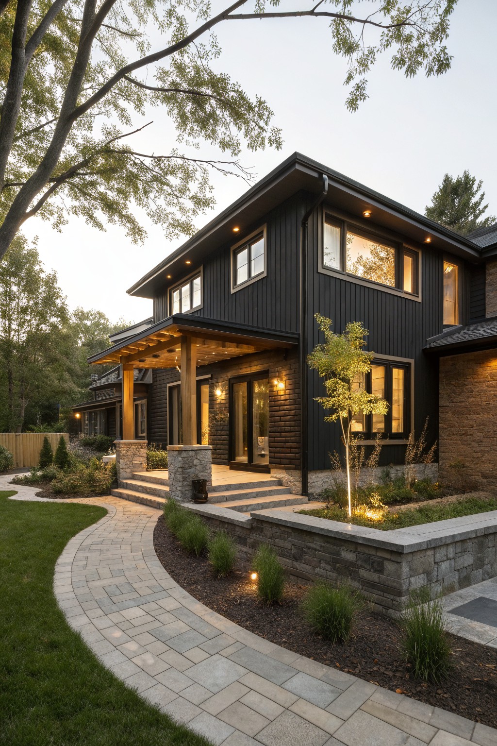 Modern dark wood home with stone base, lit porch, and curved pathway at dusk.