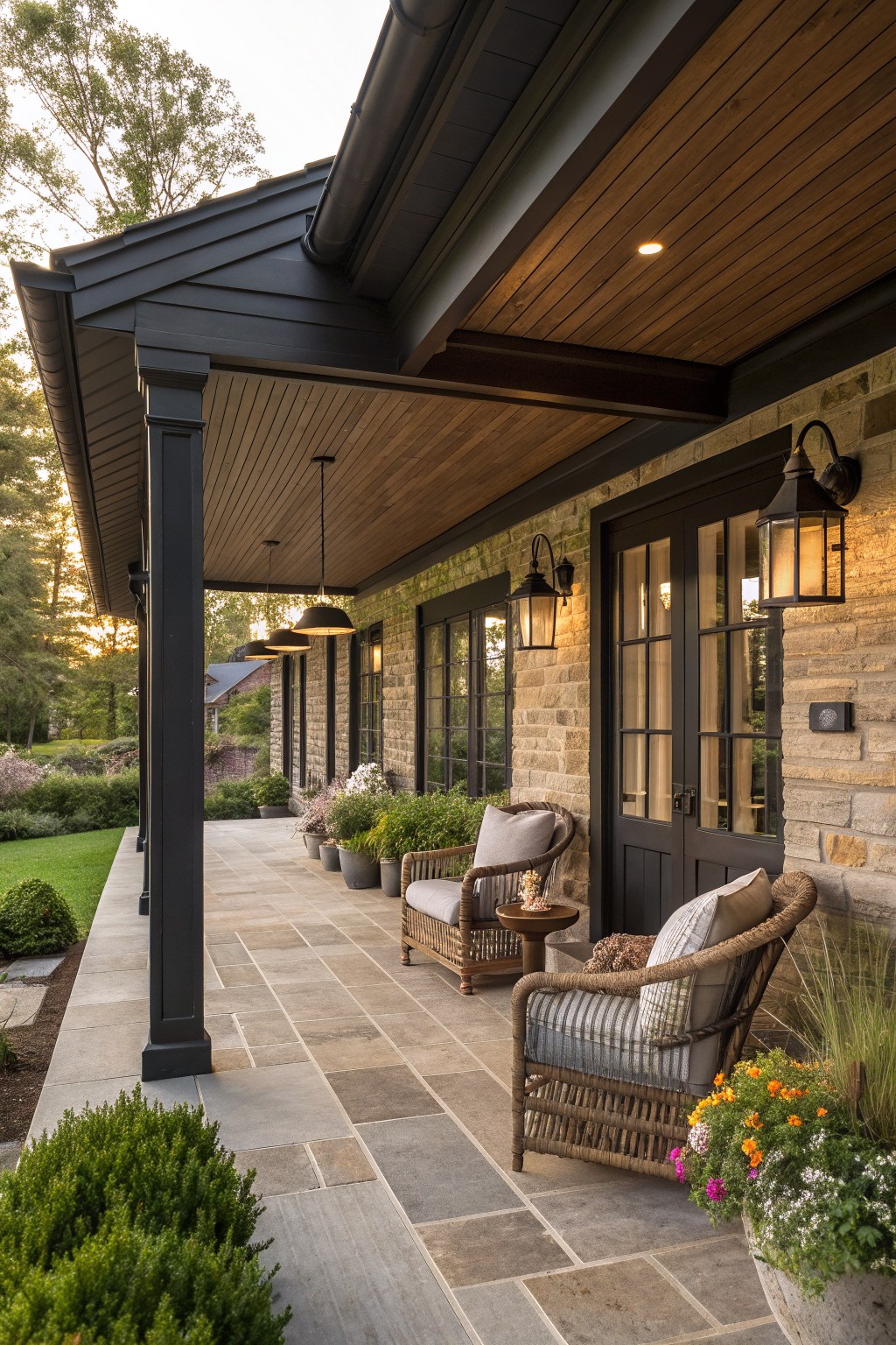 Stone porch with wicker chairs, lanterns, wooden ceiling, and potted flowers at dusk.