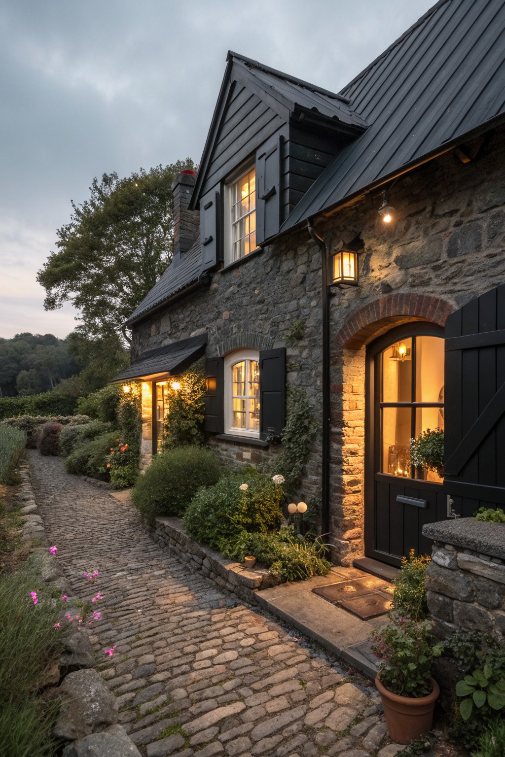 Stone cottage with glowing windows beside a cobblestone path and lush garden at dusk.