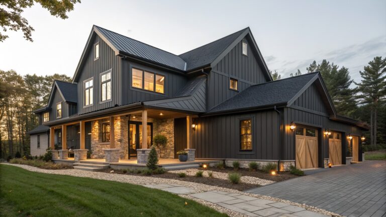 A modern two-story house with dark vertical siding, a stone foundation, wood porch posts, a metal roof, and stone steps leading to a lit entry at dusk.