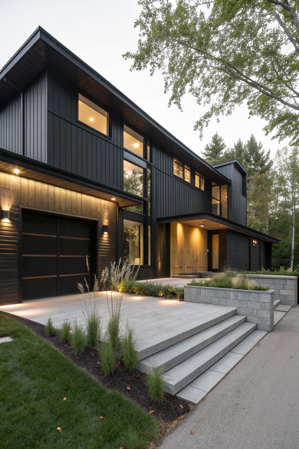 Modern two-story house with black vertical siding, wood accents at the entry and garage, concrete steps leading to the front door, and low landscaping in front.