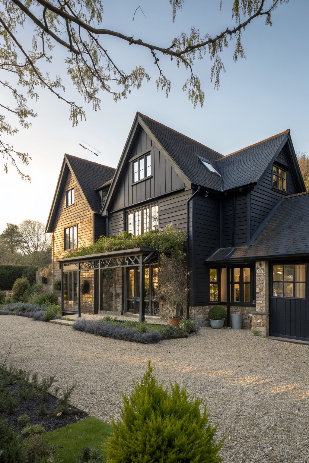 A large country house with black painted wood cladding, stone accents, and multiple gabled roofs viewed from a gravel driveway.