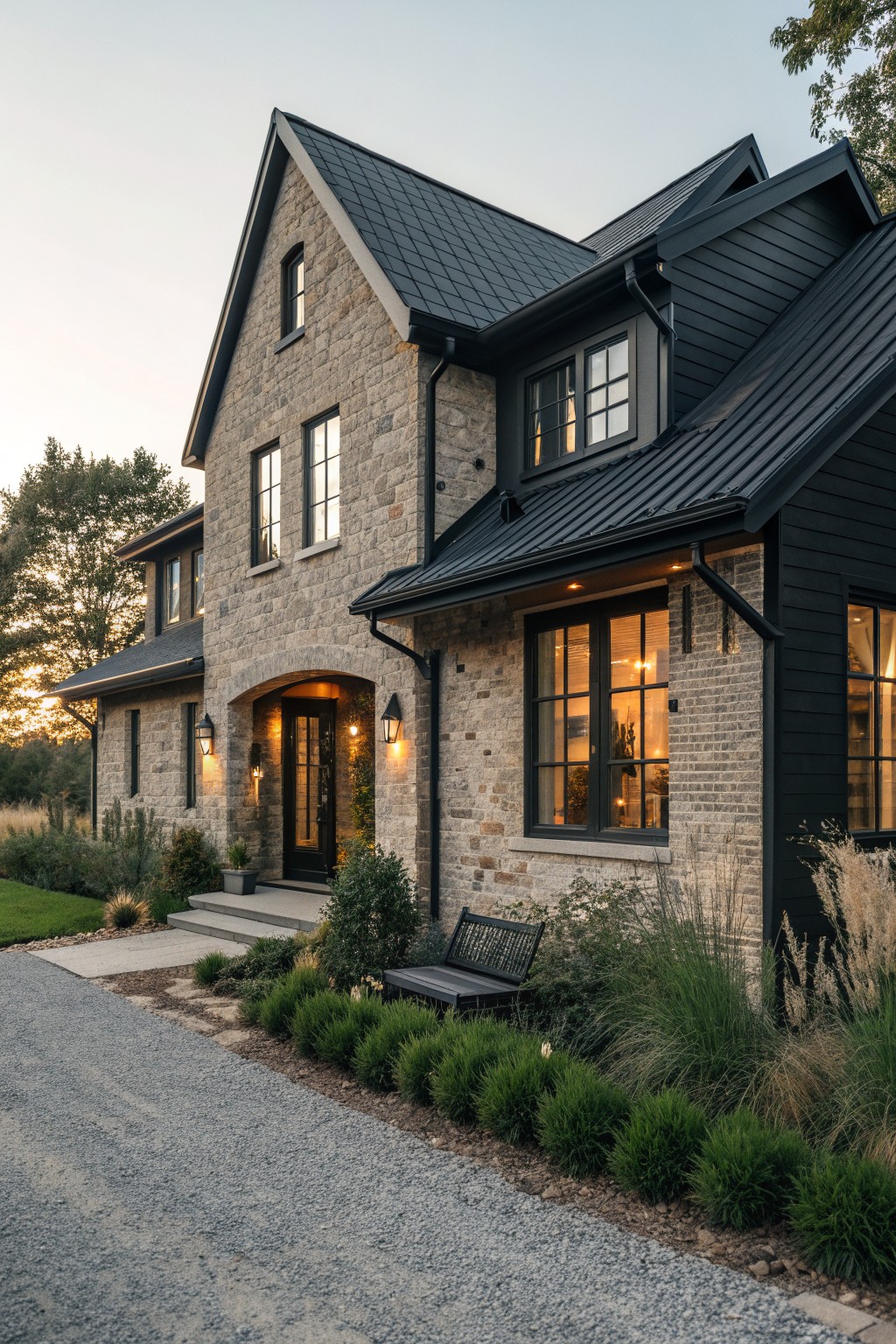 A two-story house exterior with gray stone walls, black metal roofing and siding accents, multiple windows, and an arched front entry.