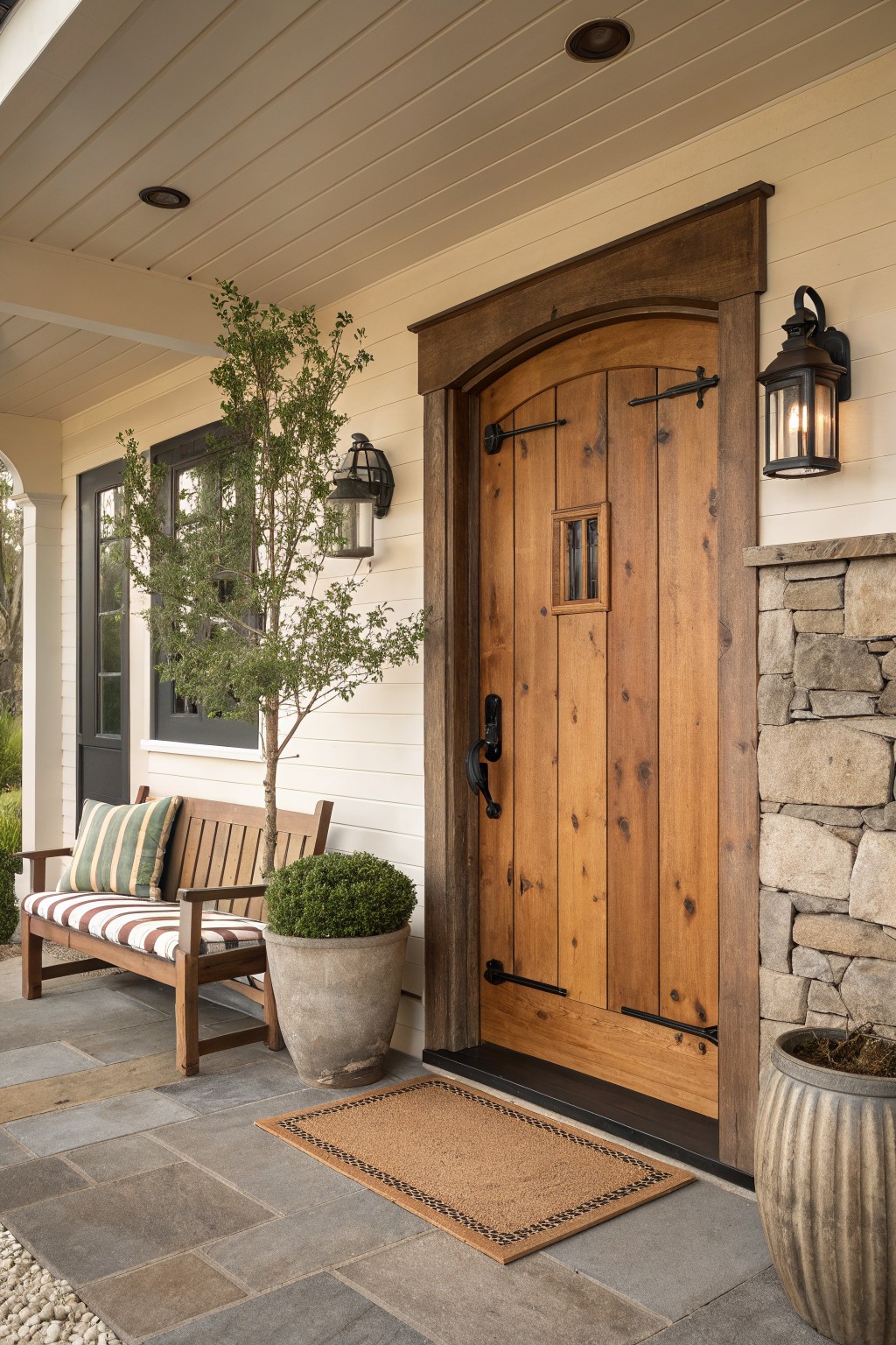 A wooden arched front door with black hardware on a house exterior with white siding, a stone wall section, a doormat, and potted plants on the porch.