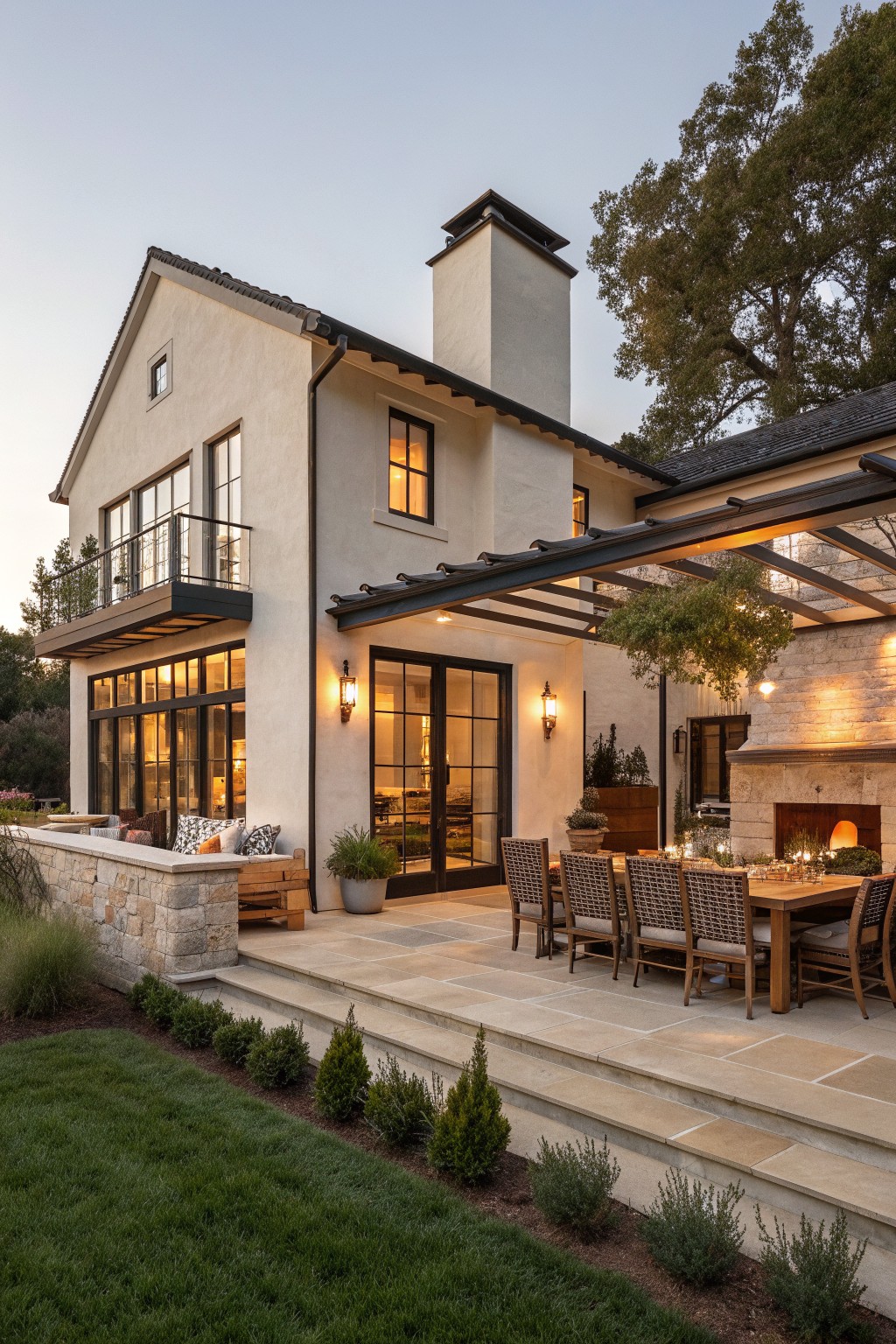 A modern European farmhouse exterior with a large stone patio holding a long wooden dining table and chairs under a dark metal roof extension, next to a stone fireplace.