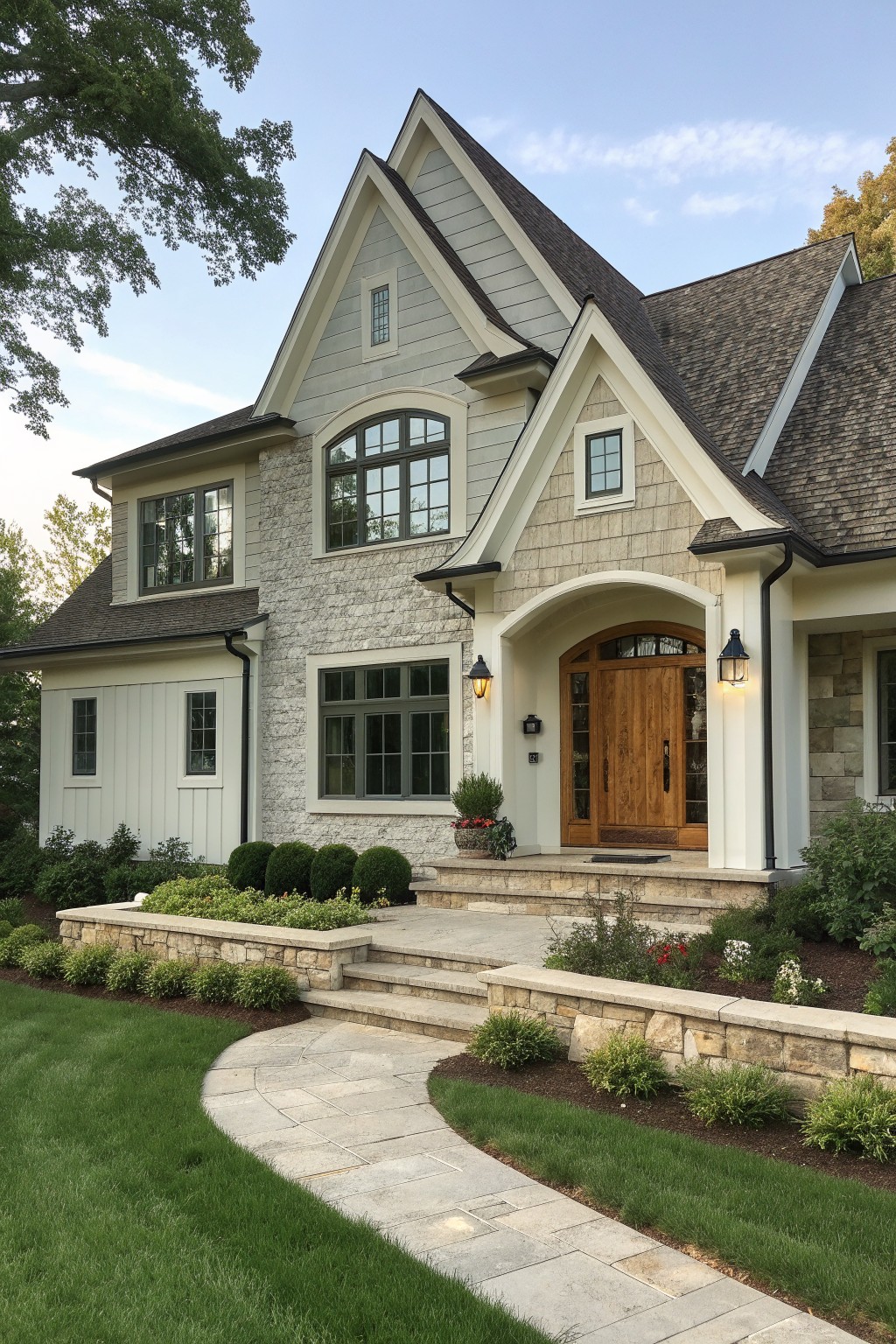 Two-story stone and siding house with wooden door, arched porch, and curved stone path.
