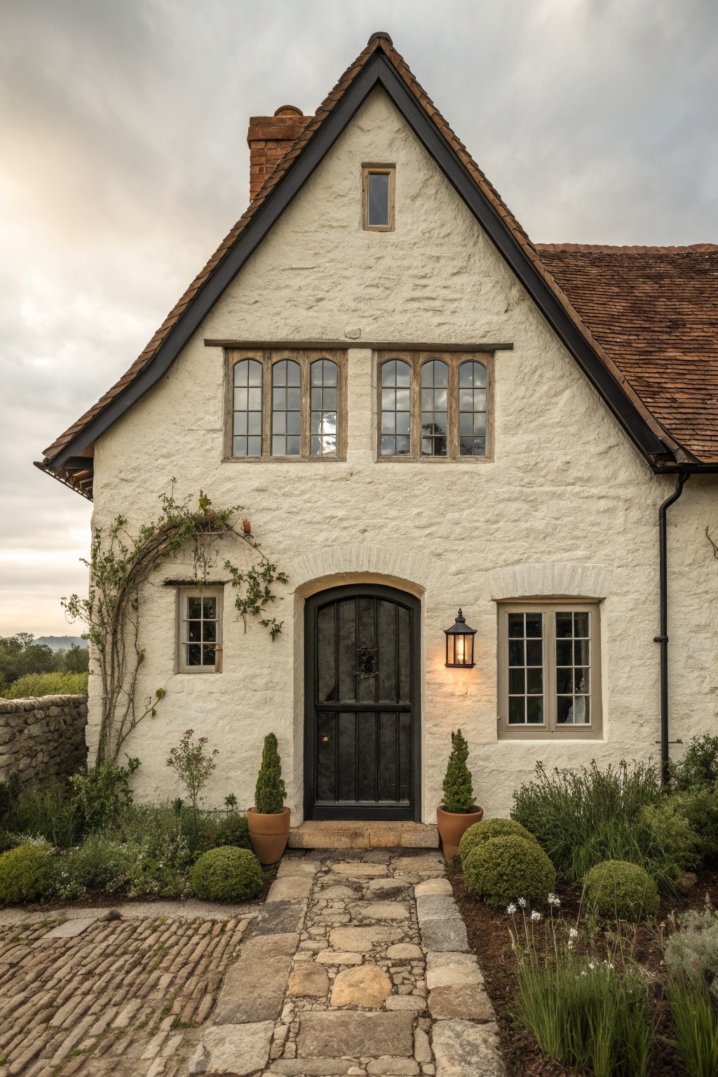A white stucco house exterior with a dark arched wooden door, multiple divided windows, terracotta roof, and a stone pathway leading to the entrance.