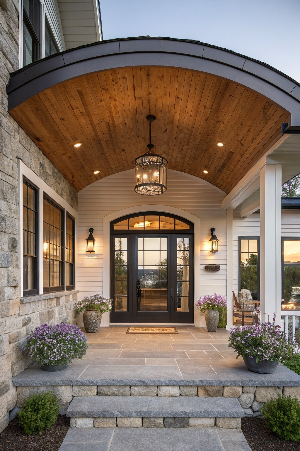 Covered porch with arched wood ceiling, black doors, stone steps, and purple flowers.