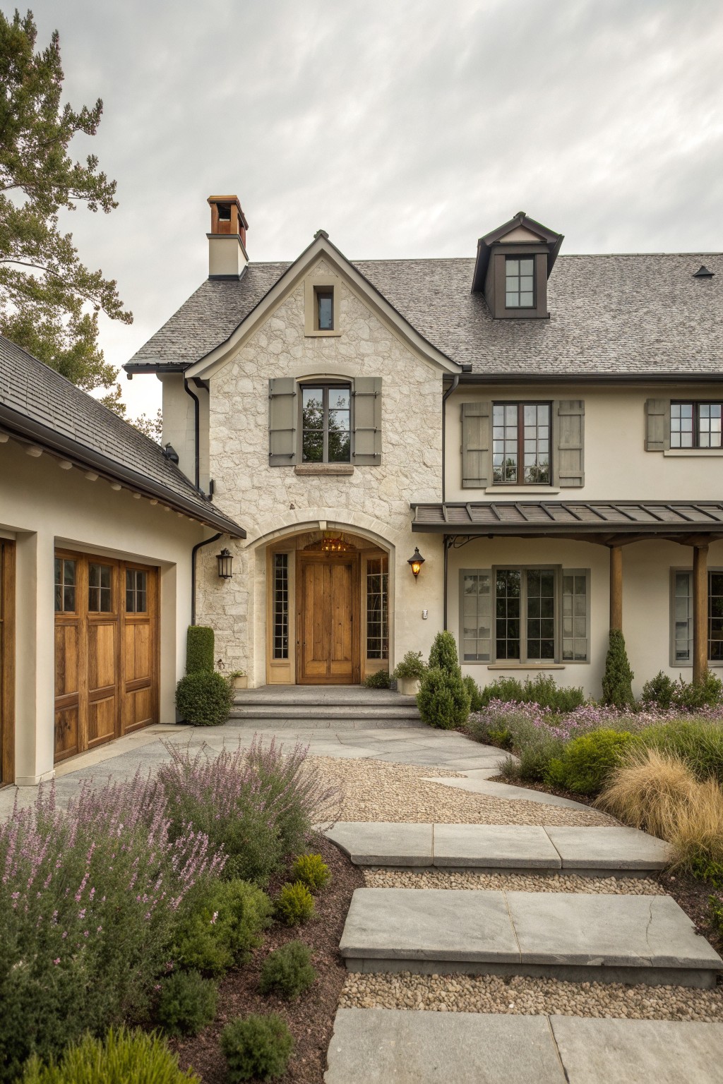 A two-story house exterior with stone and stucco walls, a prominent arched wooden front door, gray shutters on the windows, and stone steps leading to a gravel driveway.