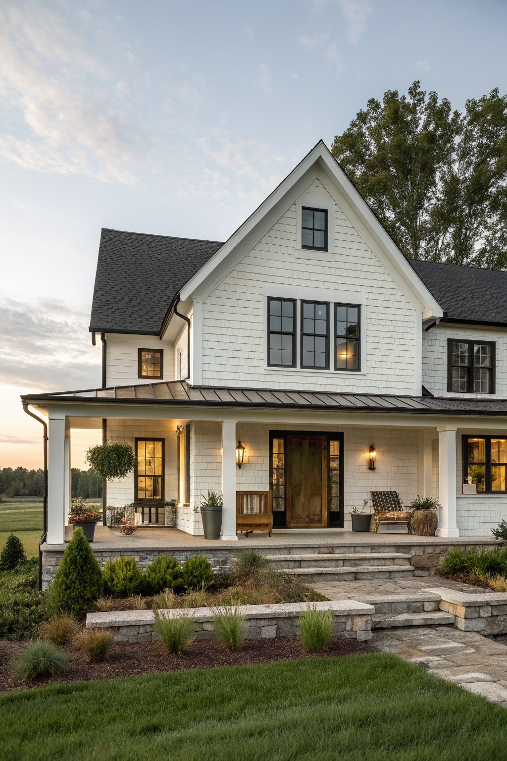 A two-story white farmhouse exterior with black-framed windows, a dark metal roof, a gabled front, and a covered porch with a wooden door and stone steps.