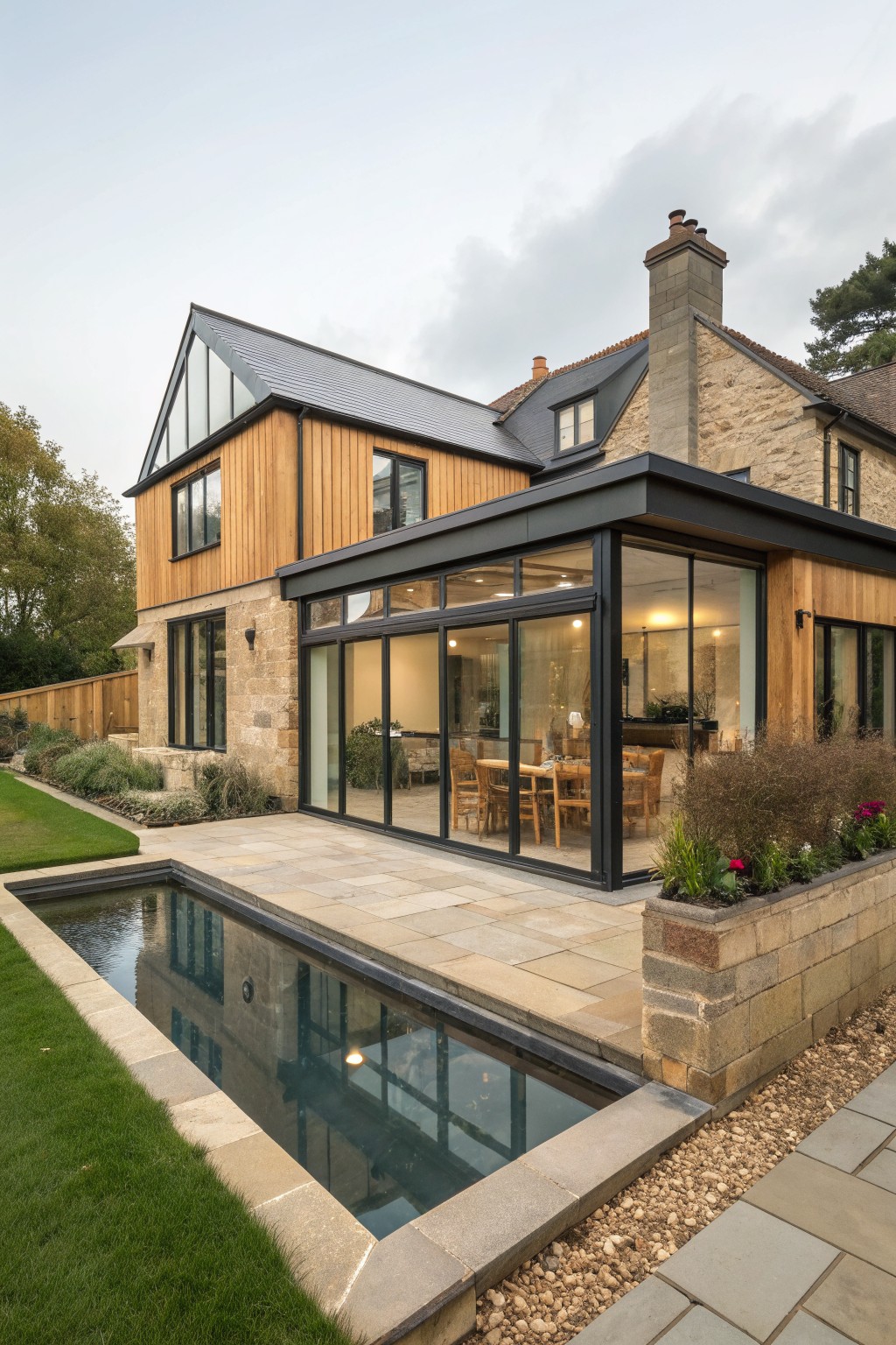 A stone and wood modern farmhouse exterior with large black-framed glass doors opening to a paved patio and reflecting pool.