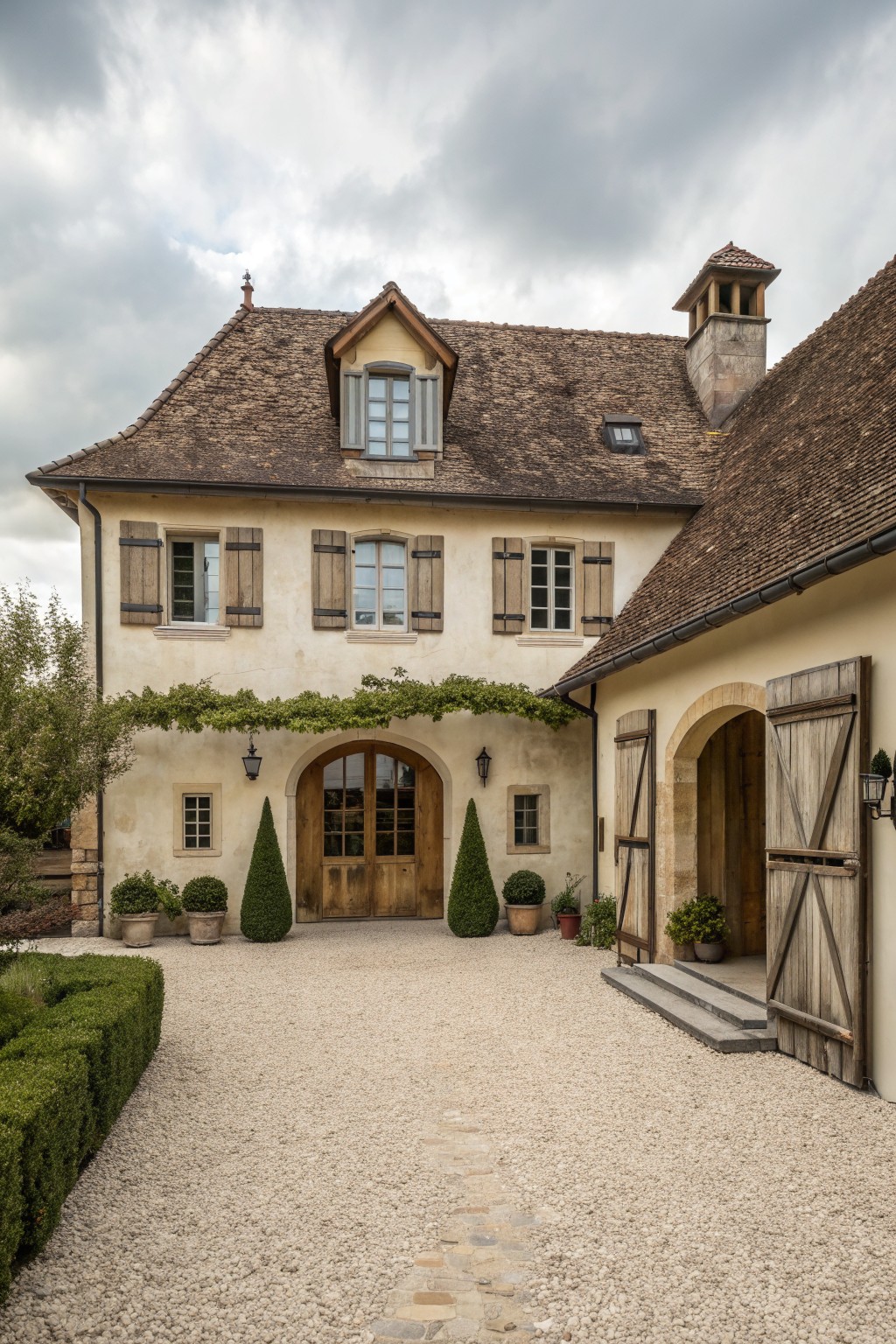 A two-story stucco farmhouse exterior with a brown tiled roof, central arched wooden double doors, shuttered windows, and a gravel courtyard.