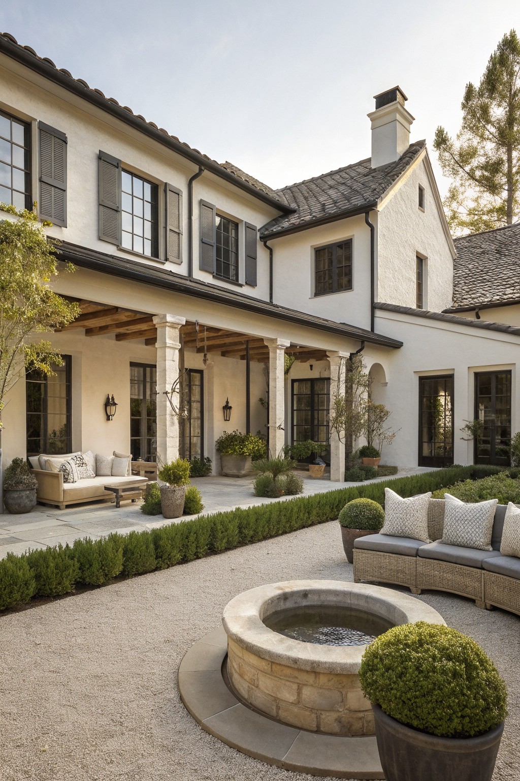 A courtyard of a light-colored farmhouse with a round stone fountain at the center, gravel ground cover, and separate seating areas on either side of the fountain.
