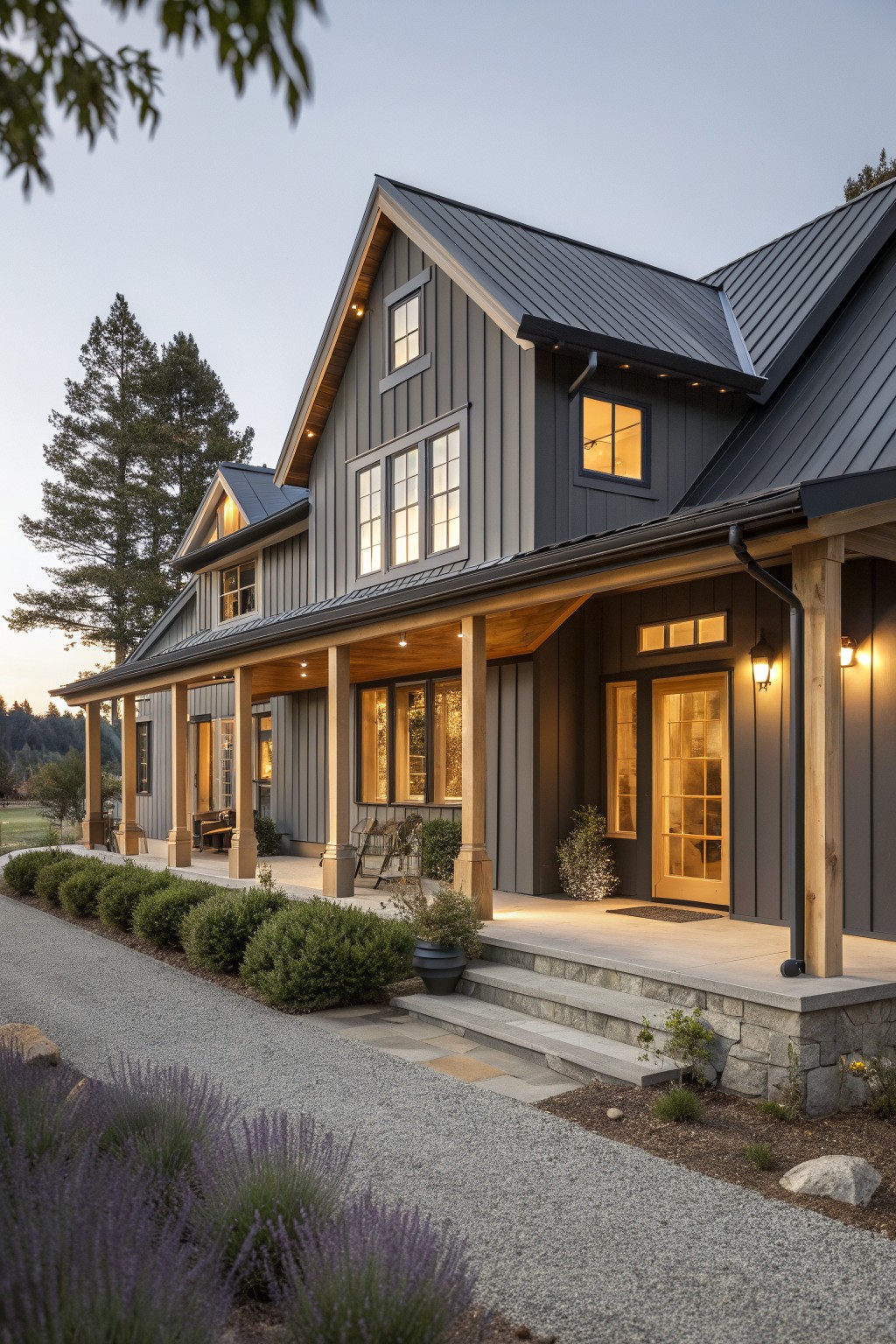 A modern farmhouse exterior with dark gray siding, a black metal roof, wooden porch columns, and a stone entry step.