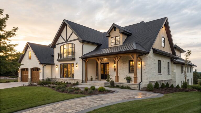 Front view of a two-story modern farmhouse exterior with stucco walls, stone cladding at the entry and garage, a gabled wooden porch, and double wooden doors.