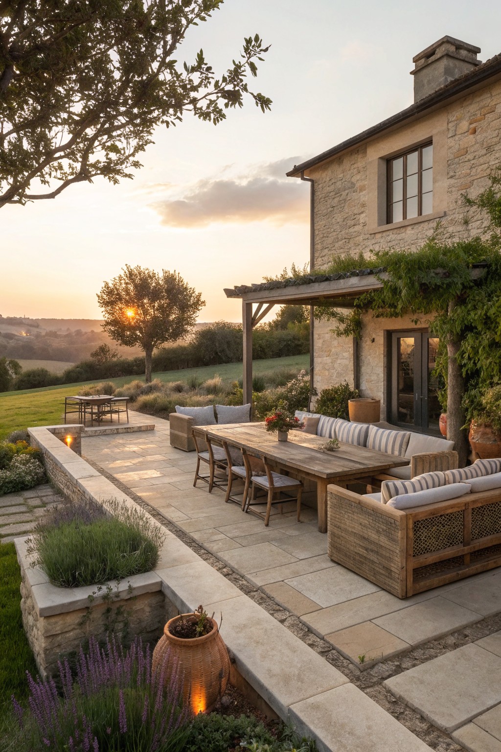 Stone house patio with long wooden table, sofas, and pergola at sunset