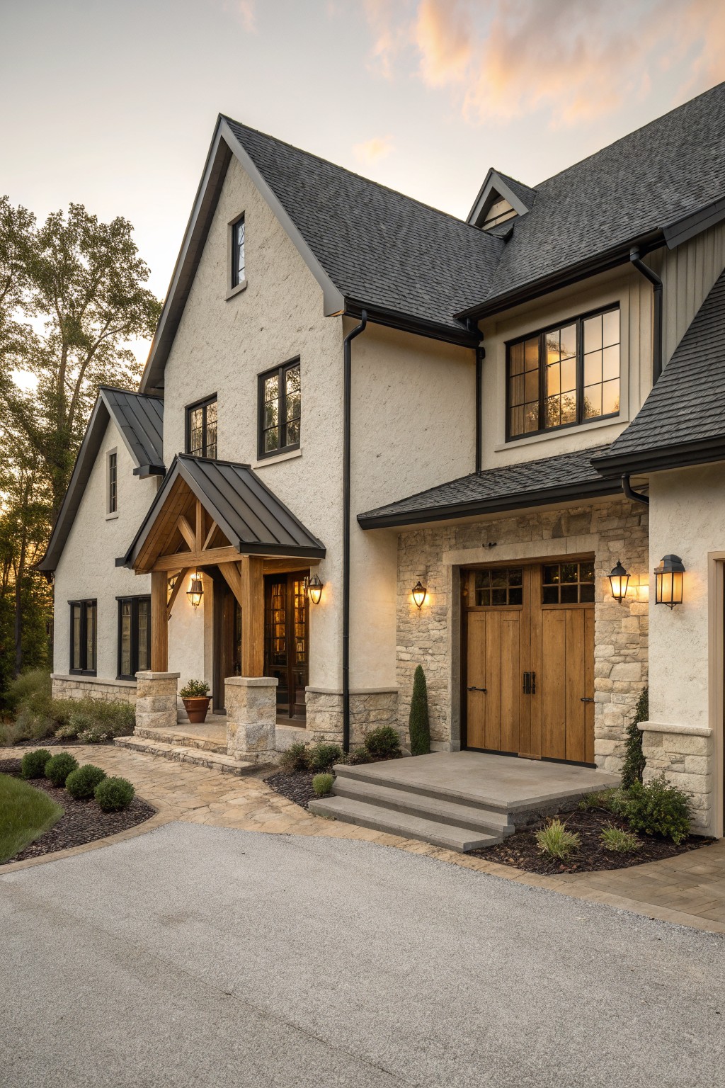 Front view of a two-story modern farmhouse exterior with stucco walls, stone cladding at the entry and garage, a gabled wooden porch, and double wooden doors.