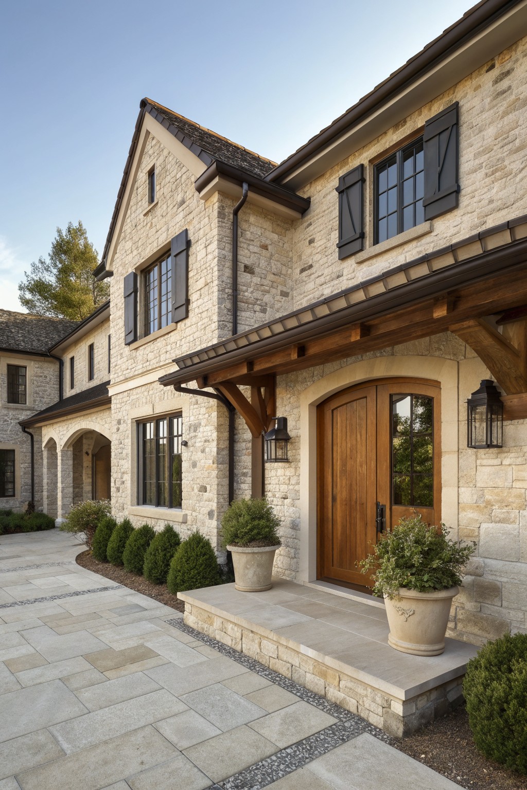 A stone house exterior featuring a wooden double door set in an arched stone entry, with wooden support brackets overhead and dark shutters on the windows.