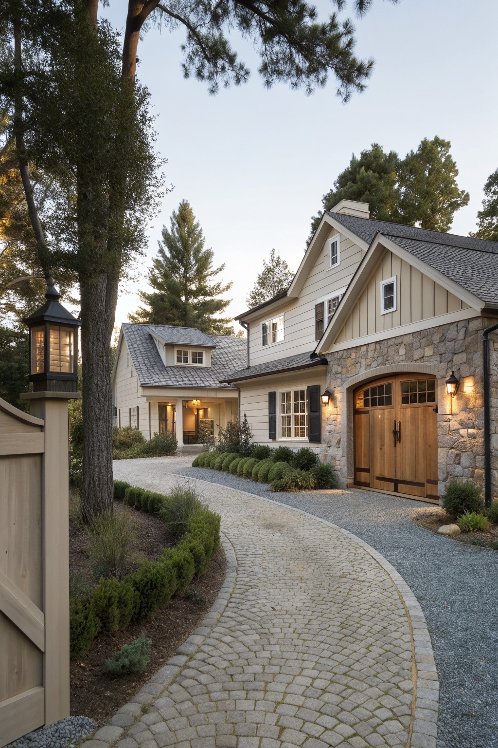 A two-story house with beige siding, stone around the garage, wooden garage doors, and a curved cobblestone driveway bordered by shrubs.