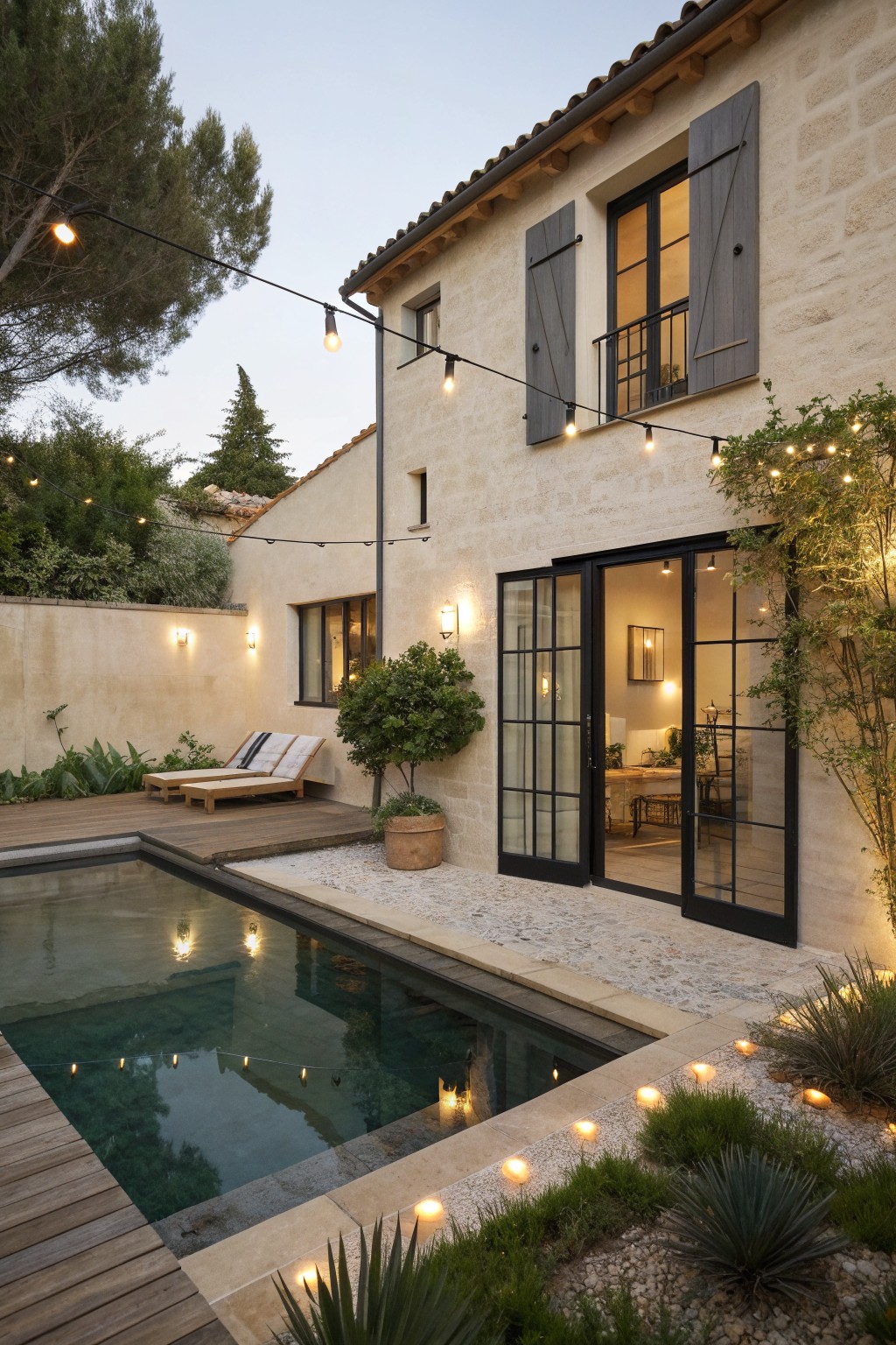 A stone house exterior with a rectangular swimming pool, wooden deck, open black-framed glass doors, and string lights illuminating the patio and pool at dusk.