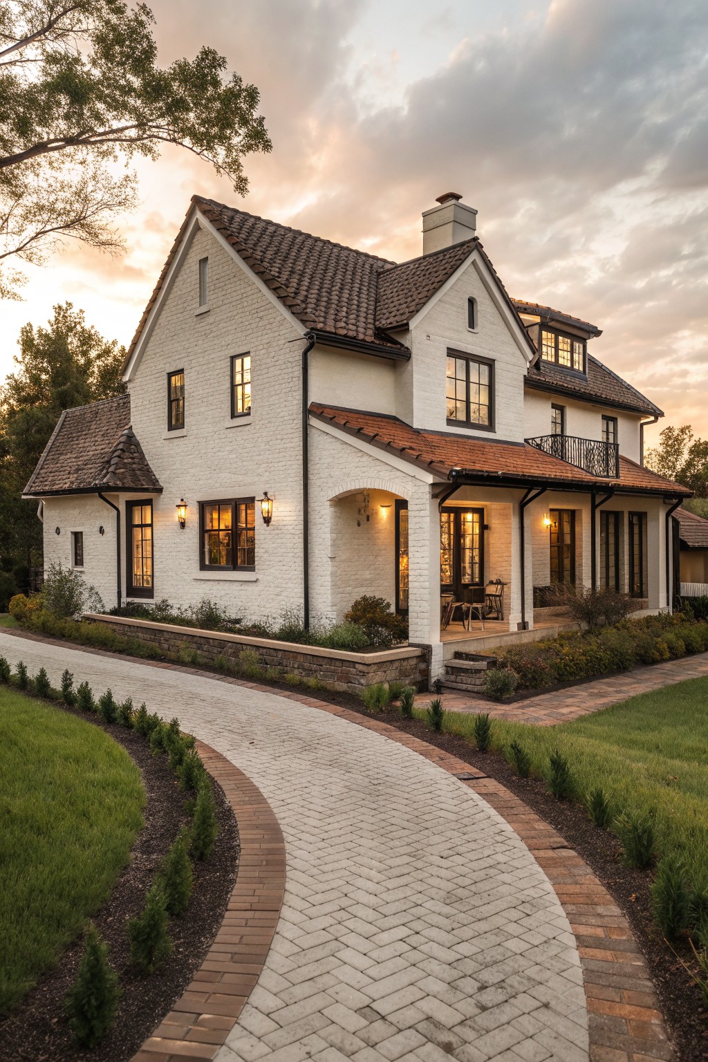 A two-story white brick house with a brown tiled roof, dark-framed windows, an arched entry, and a curved paved driveway bordered by grass and shrubs.