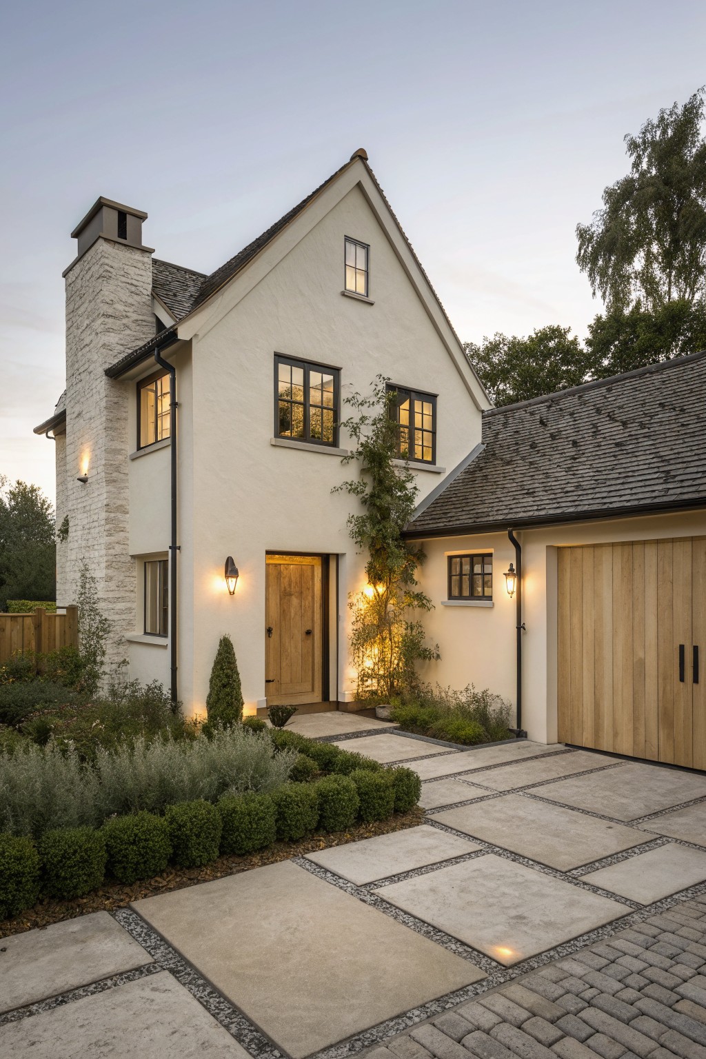 White two-story house with stone chimney, wooden door, garage, and landscaped garden at dusk.