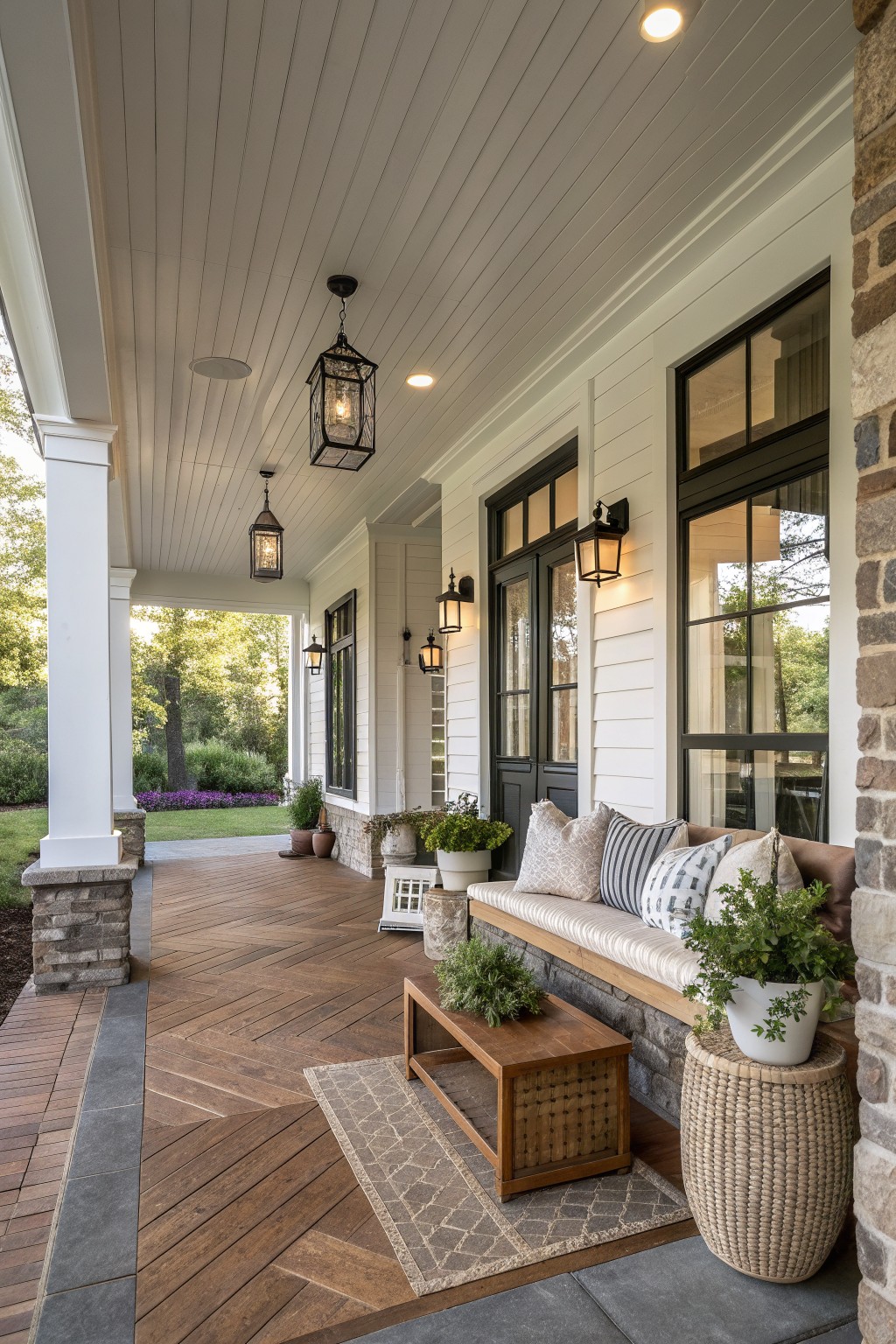 A covered farmhouse porch with a long cushioned bench built against the house wall on a stone base, a wooden coffee table on a patterned rug, and several potted plants under hanging lanterns.